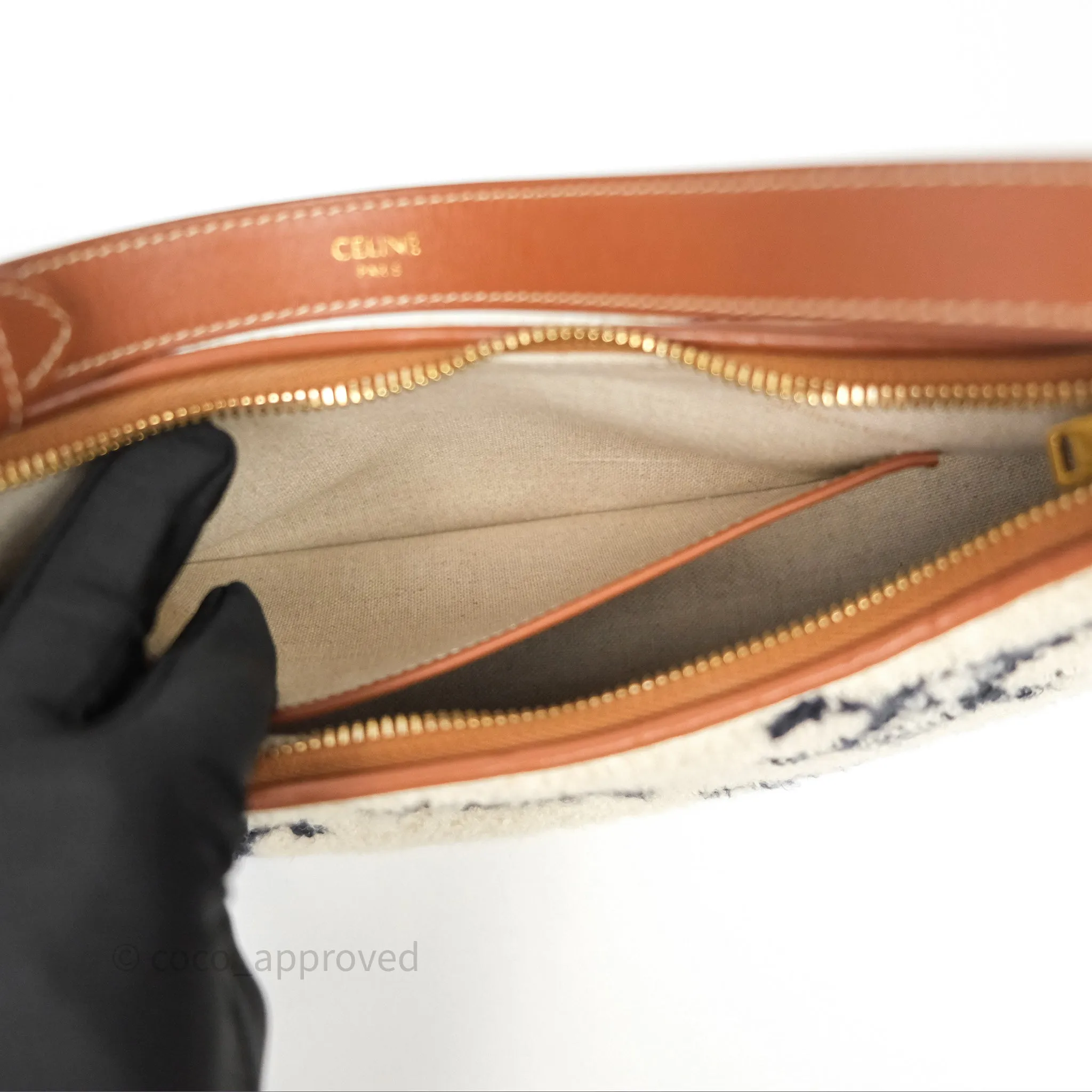 Celine Ava Bag in Embroidered Bouclette Textile with Triomphe Tan/ Navy