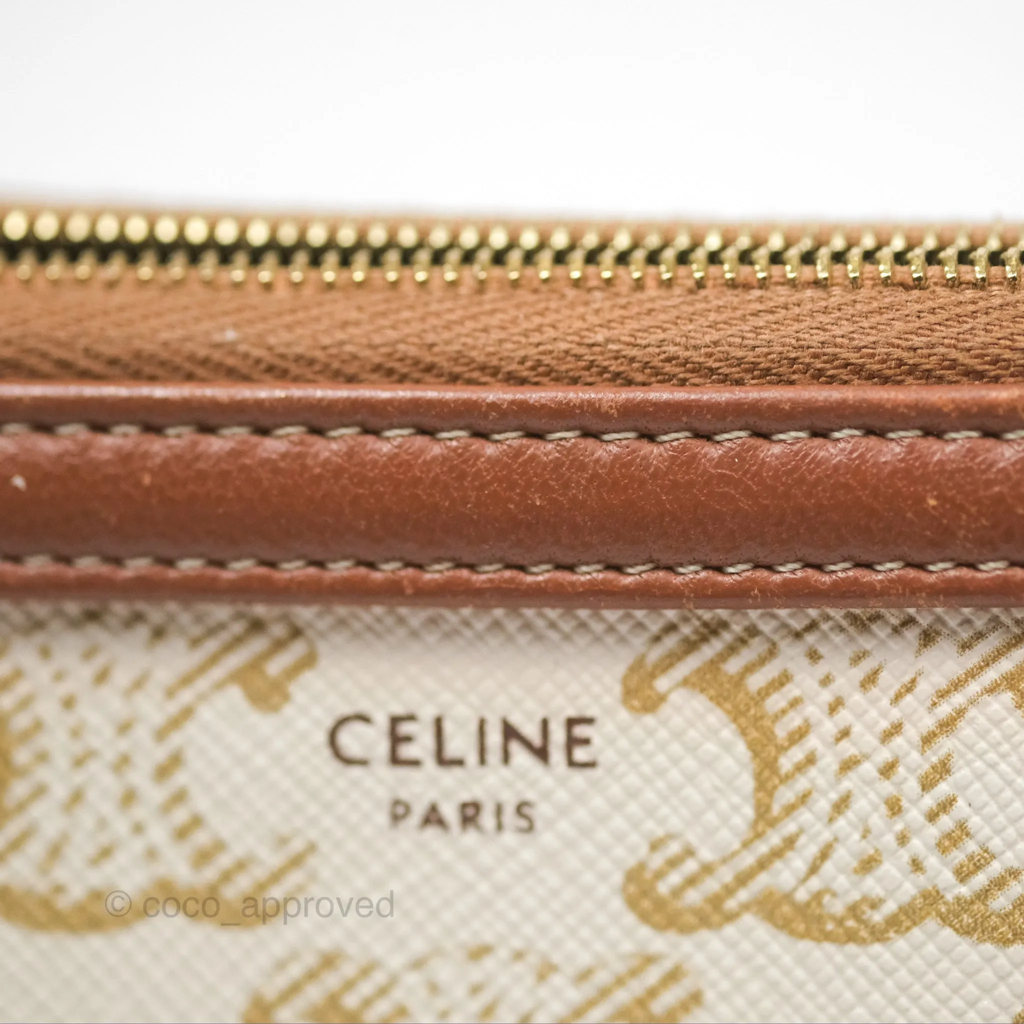 Celine Clutch With Chain Triomphe Canvas Lambskin White/Tan