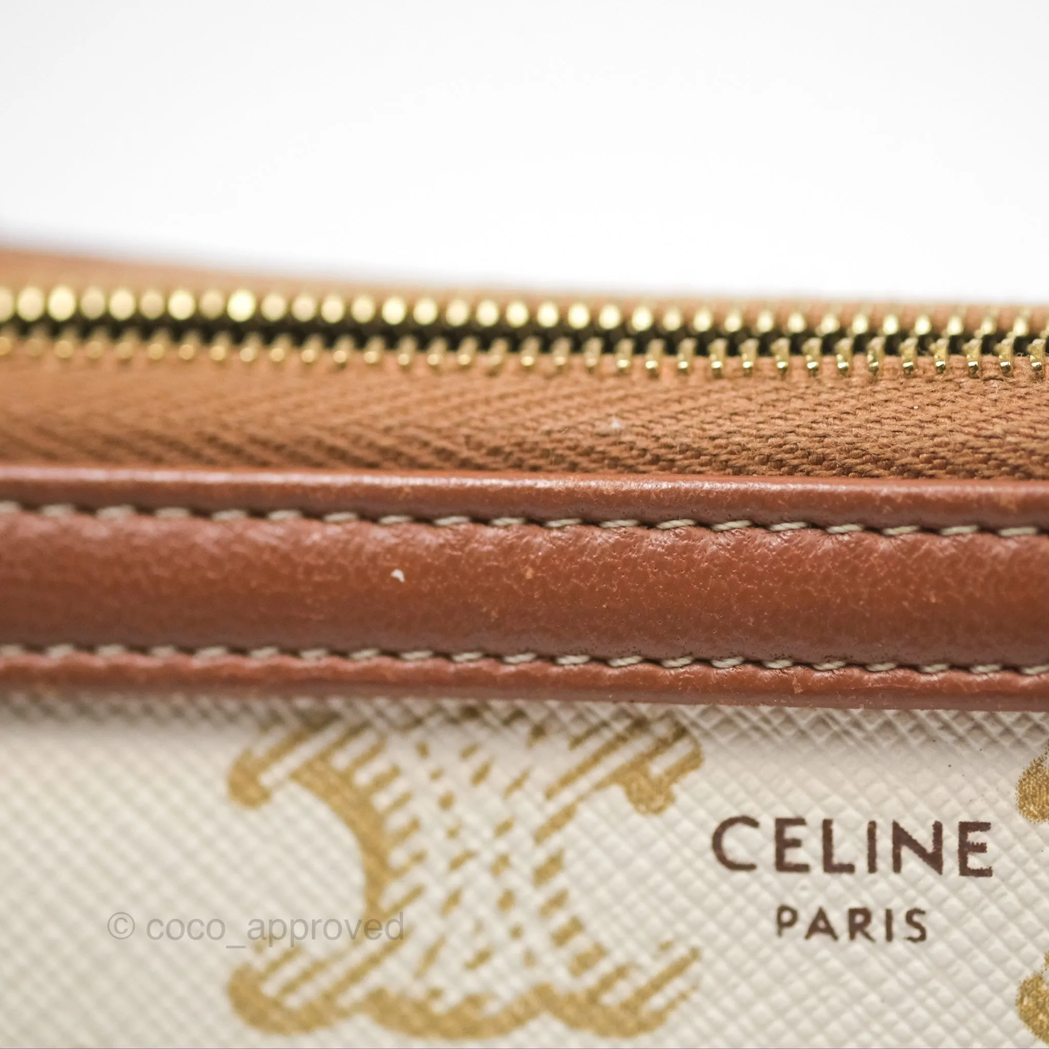 Celine Clutch With Chain Triomphe Canvas Lambskin White/Tan