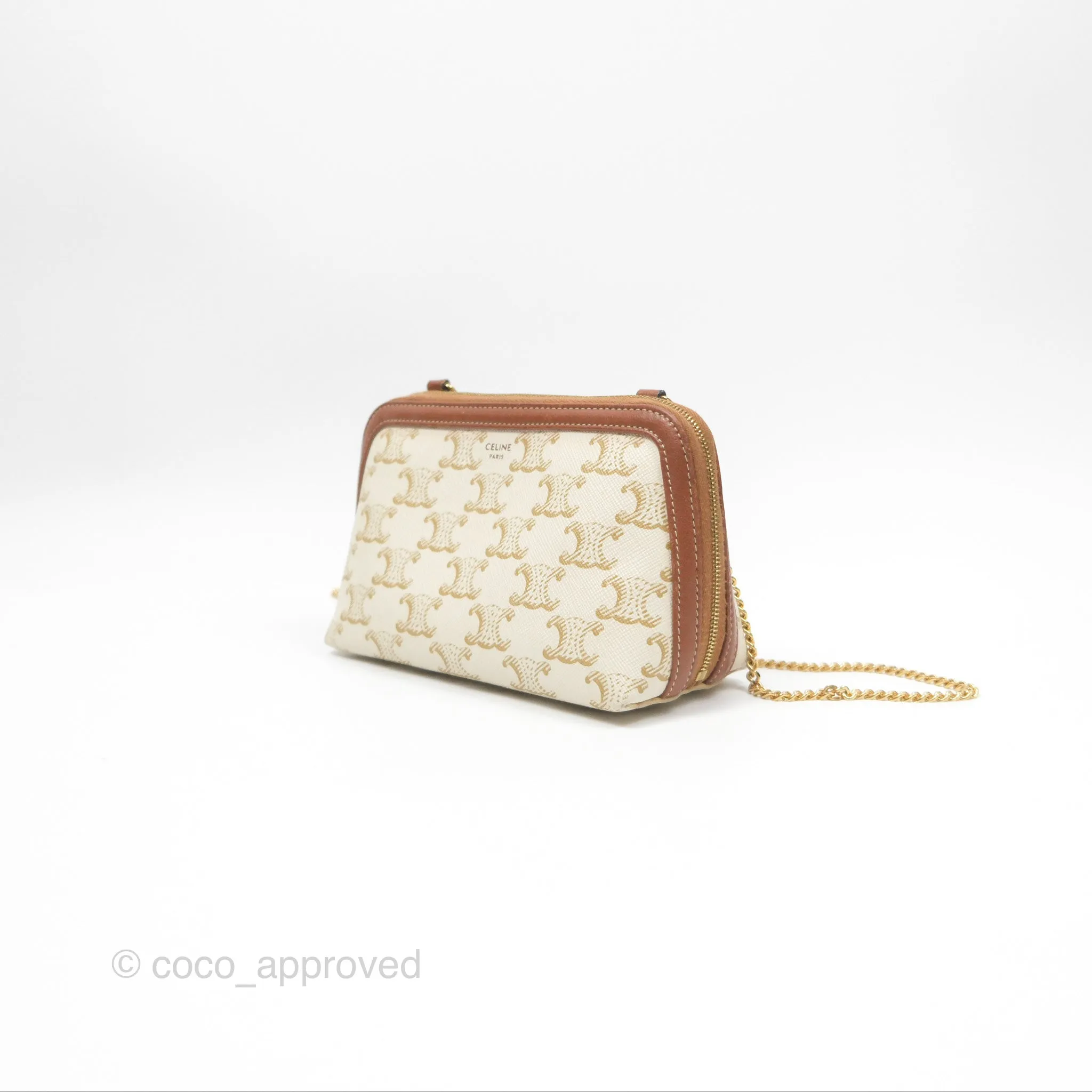 Celine Clutch With Chain Triomphe Canvas Lambskin White/Tan