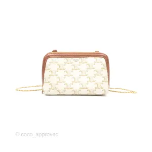Celine Clutch With Chain Triomphe Canvas Lambskin White/Tan