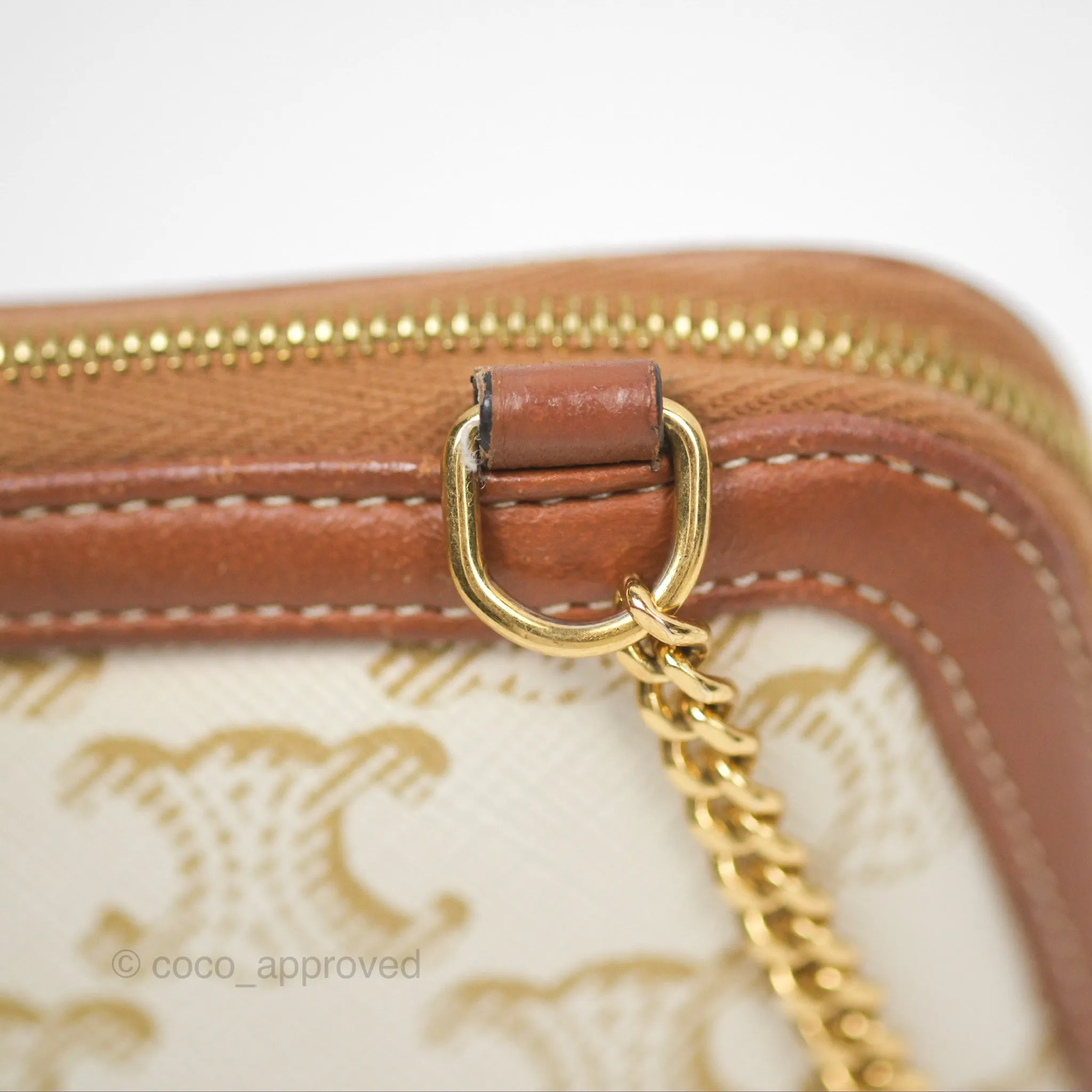 Celine Clutch With Chain Triomphe Canvas Lambskin White/Tan
