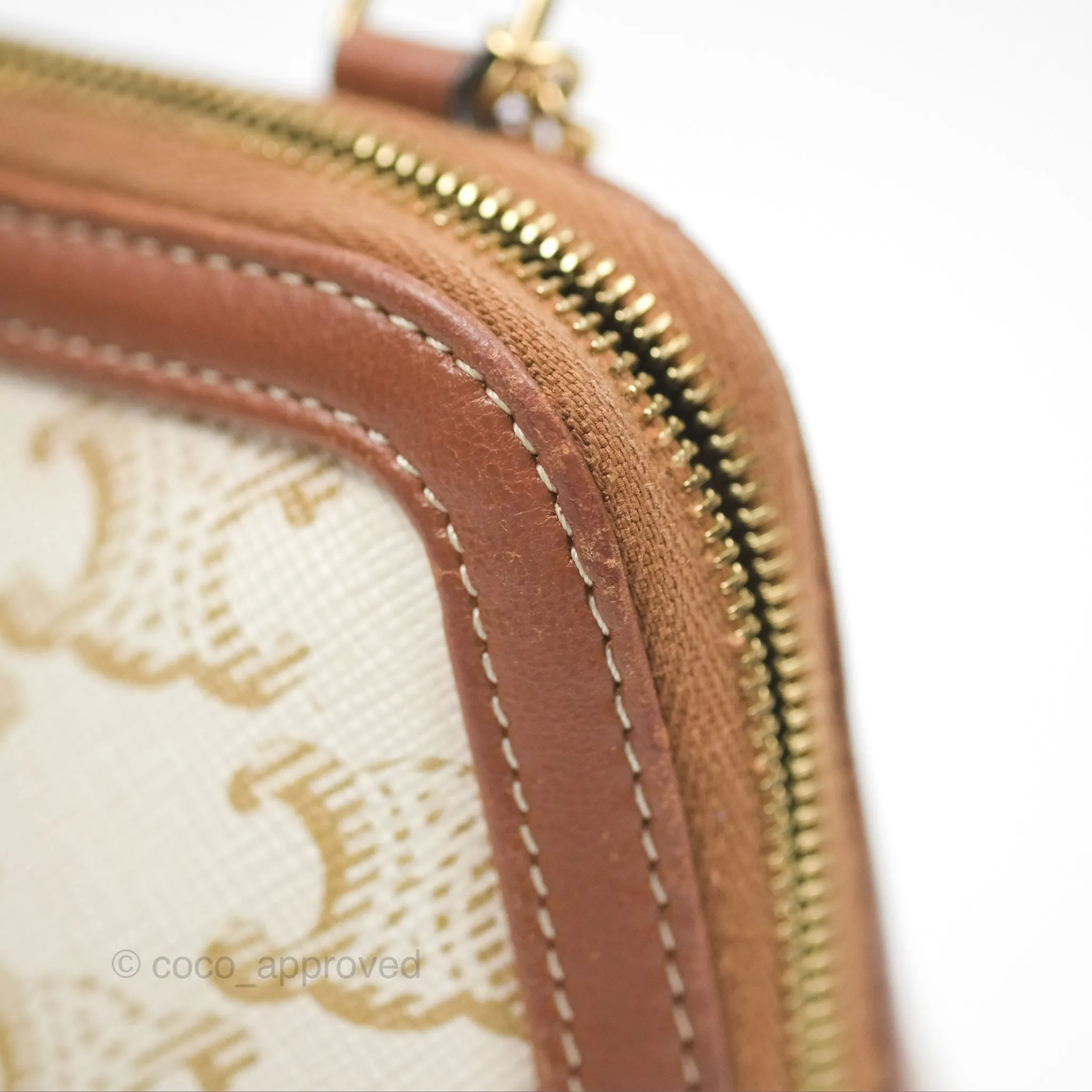 Celine Clutch With Chain Triomphe Canvas Lambskin White/Tan