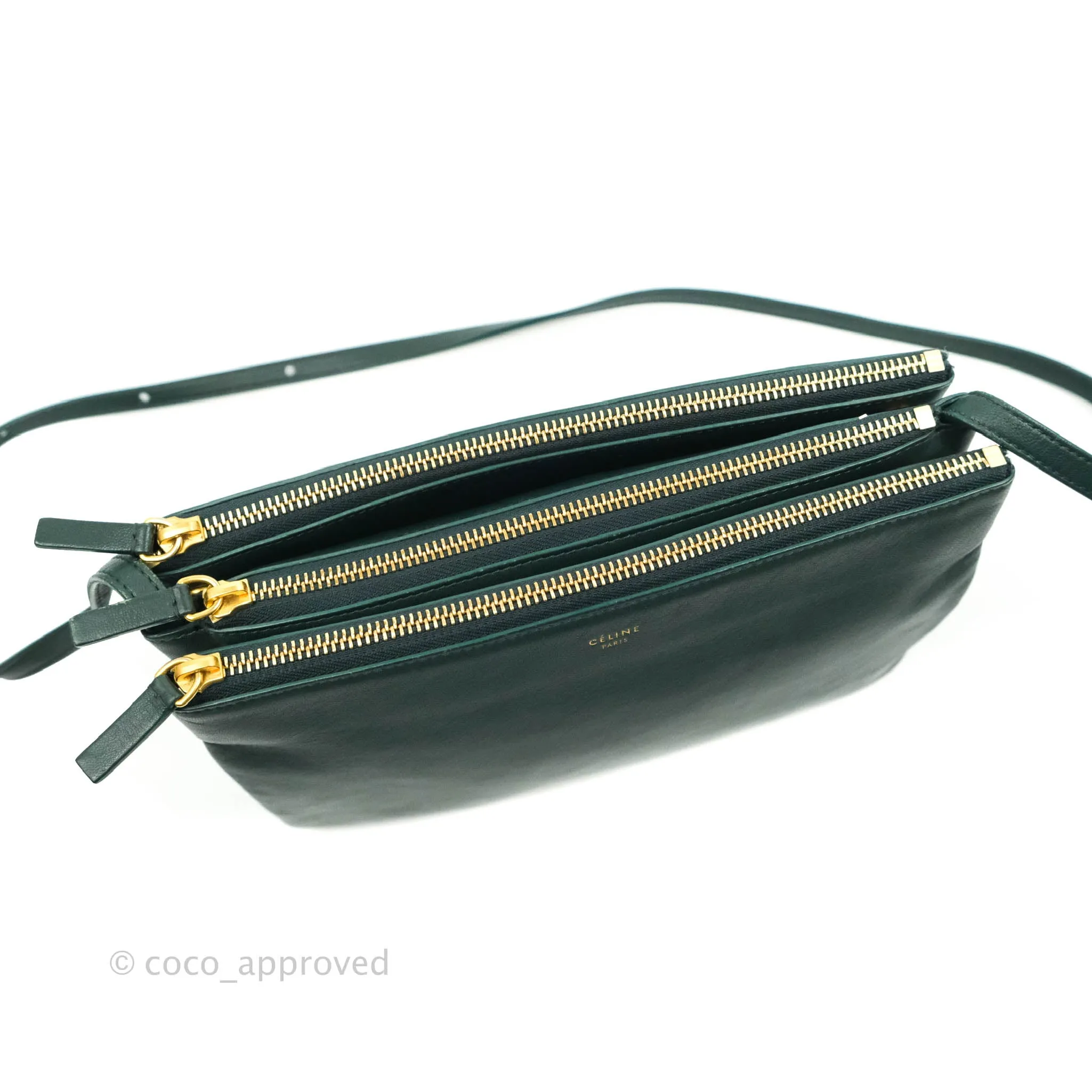 Celine Large Trio Crossbody Bag Dark Green Lambskin Gold Hardware