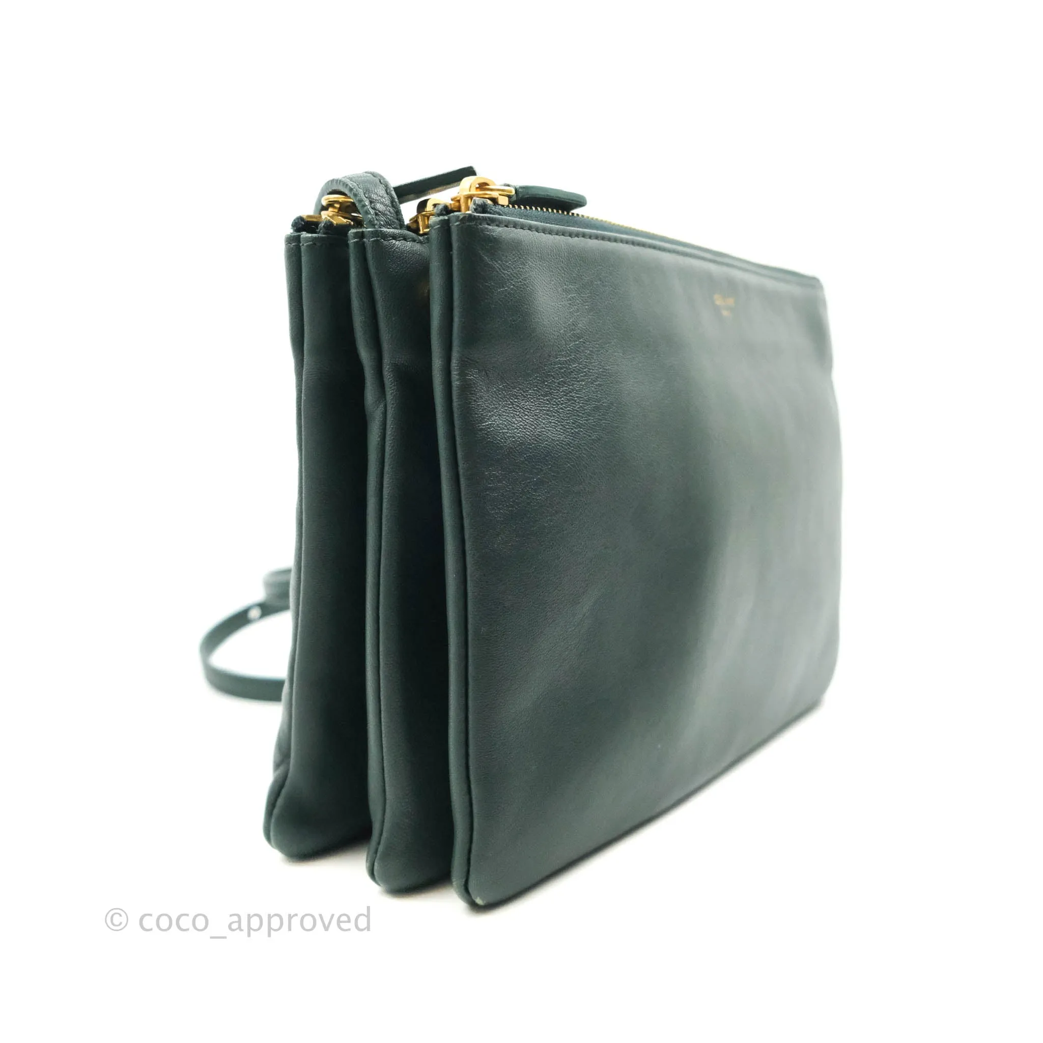 Celine Large Trio Crossbody Bag Dark Green Lambskin Gold Hardware