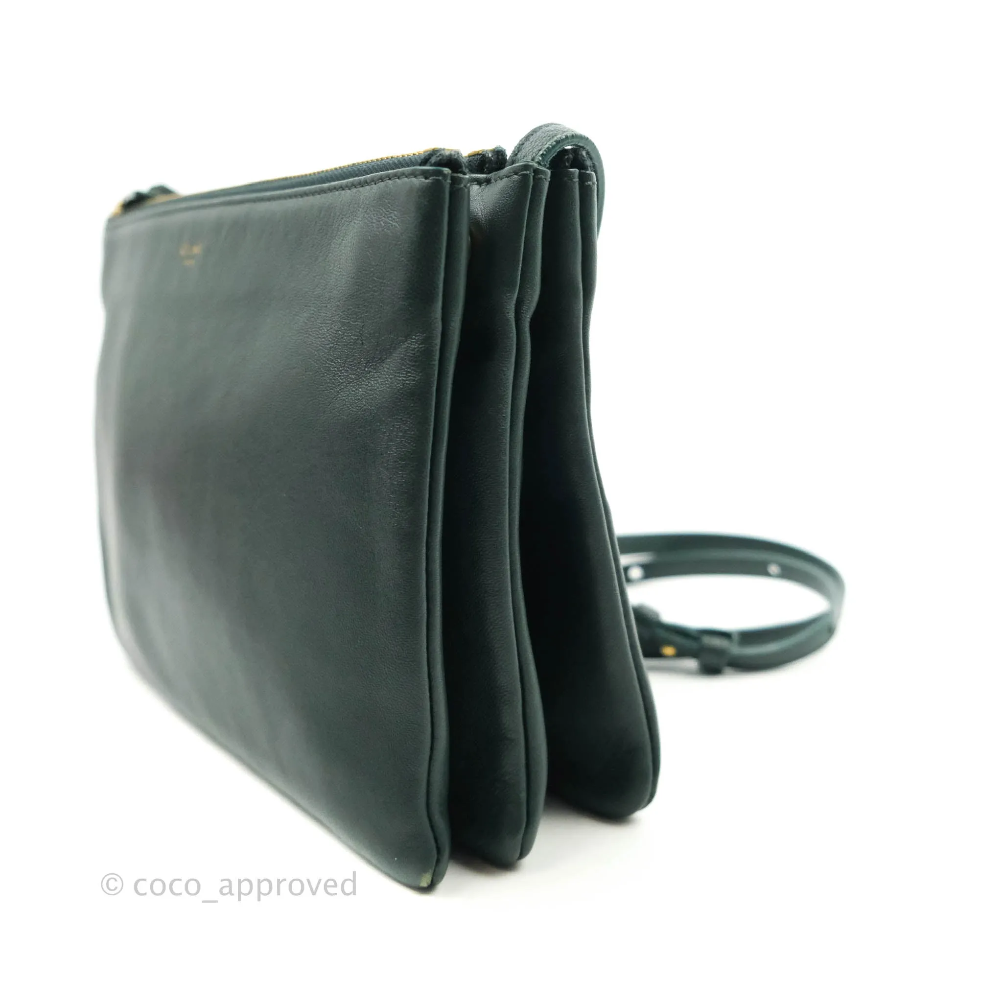 Celine Large Trio Crossbody Bag Dark Green Lambskin Gold Hardware
