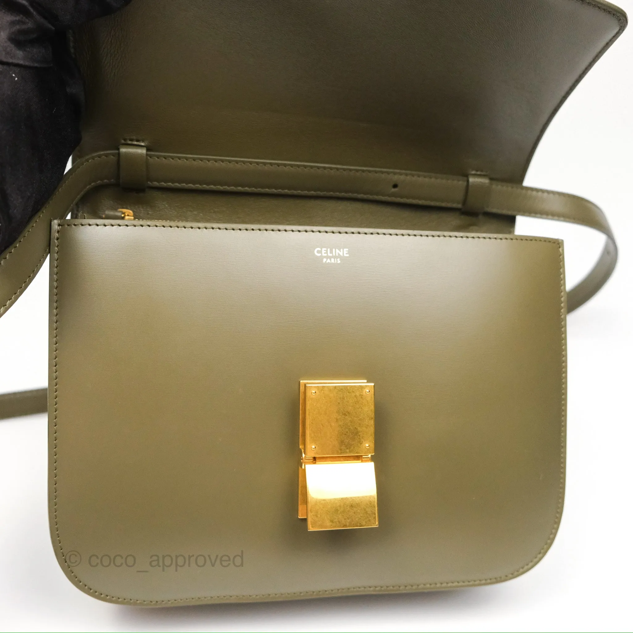 Celine Medium Classic Box Flap Dark Olive Green Box Calfskin Gold Hardware