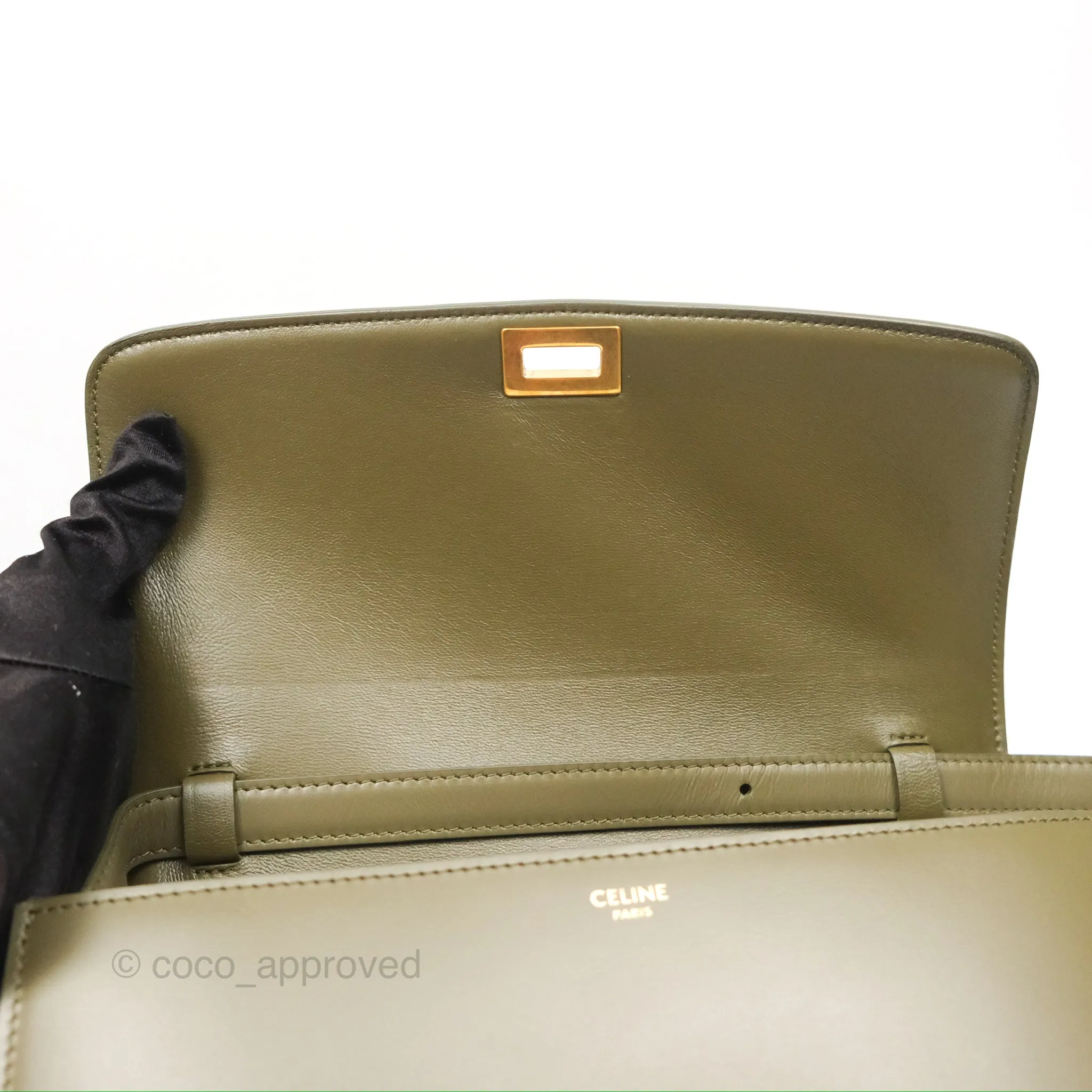 Celine Medium Classic Box Flap Dark Olive Green Box Calfskin Gold Hardware