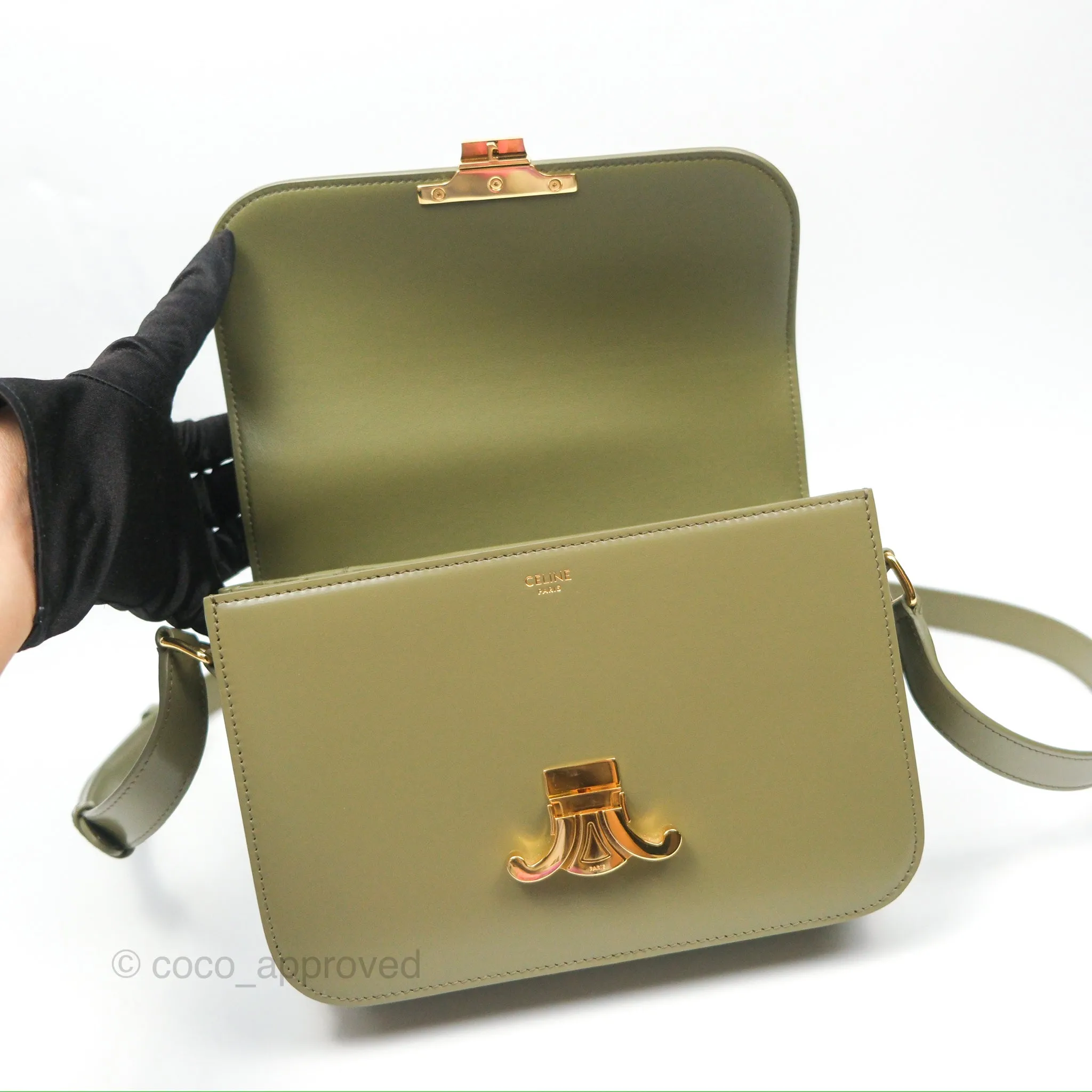 Celine Medium Triomphe Soft Khaki Shiny Calfskin