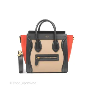 Celine Nano Luggage Grained Calfskin Gold Hardware Orange/Black/Beige