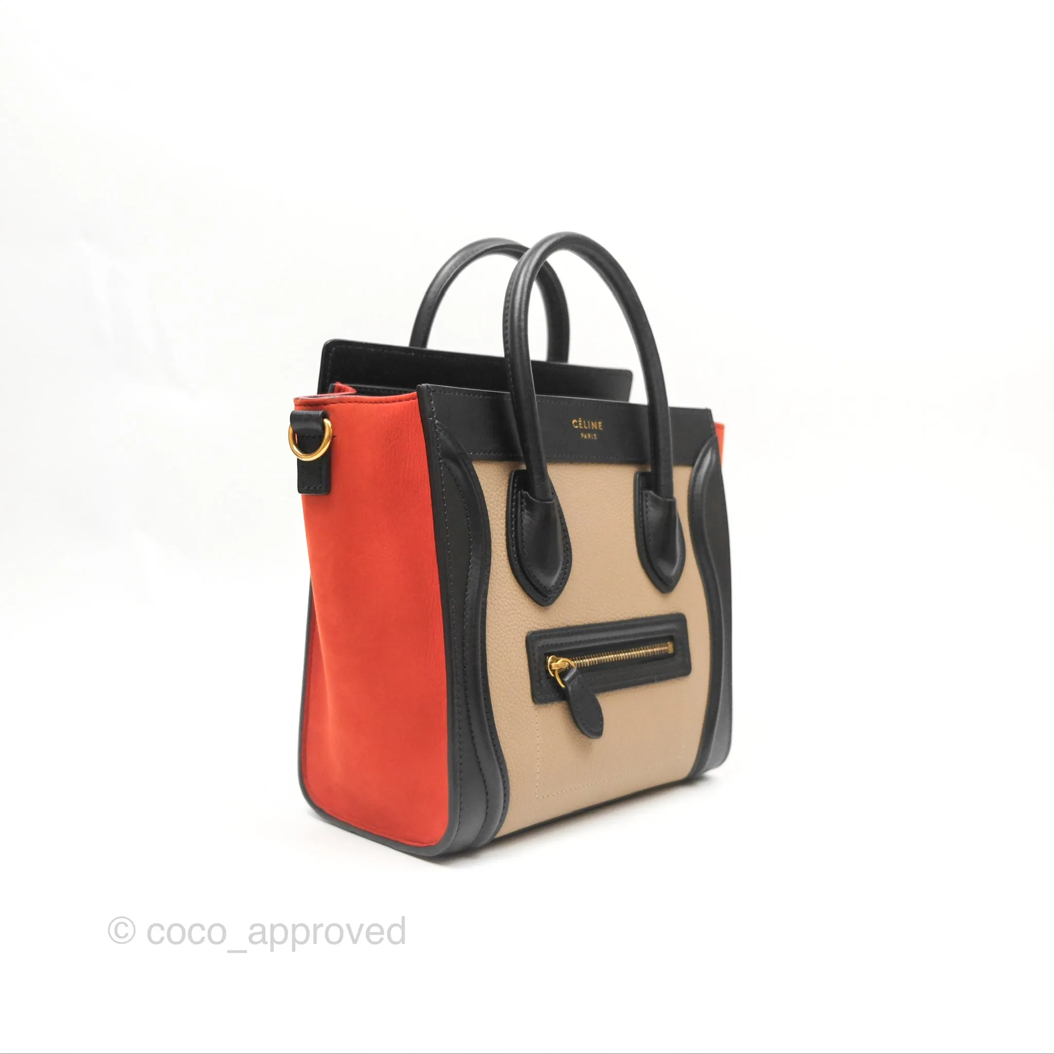 Celine Nano Luggage Grained Calfskin Gold Hardware Orange/Black/Beige