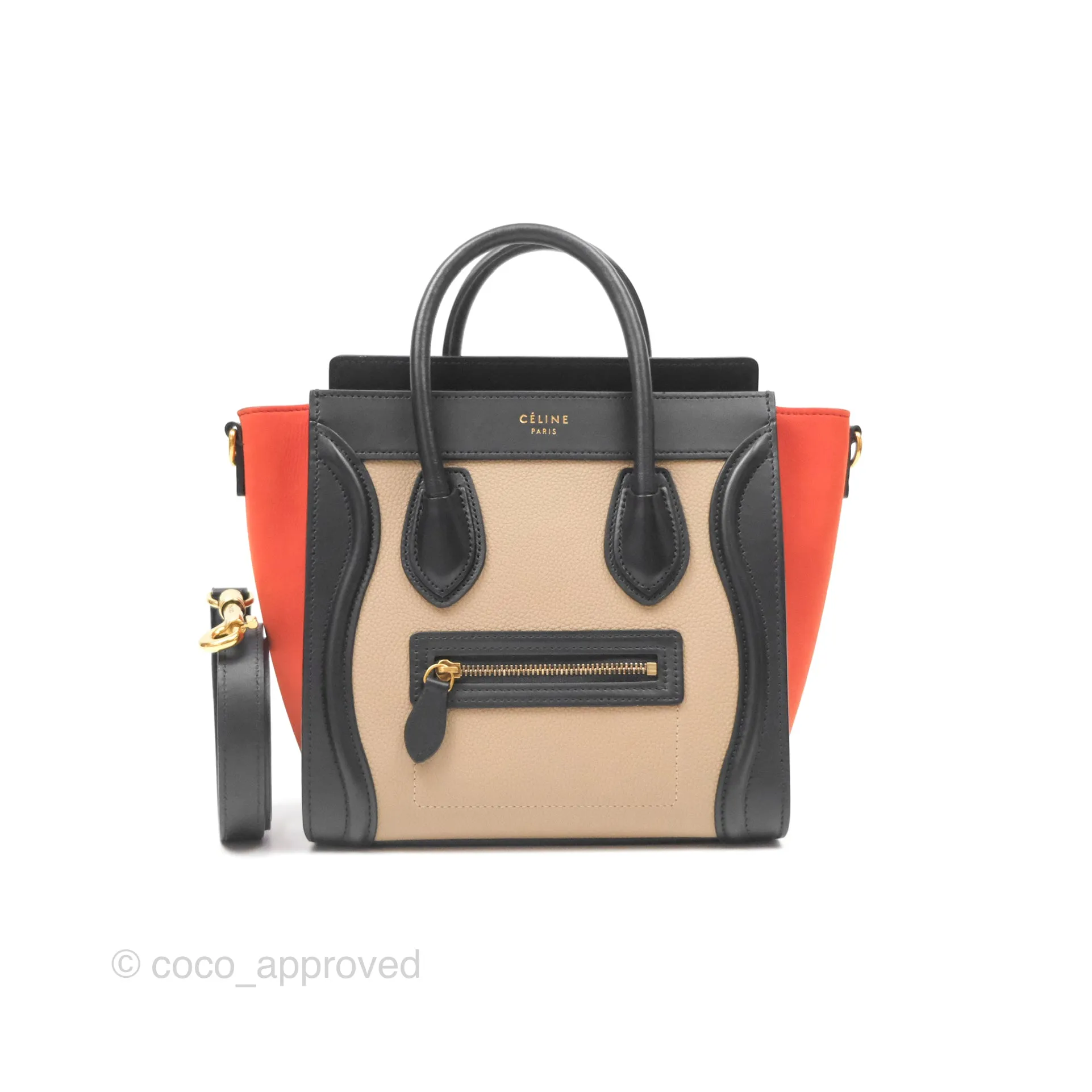 Celine Nano Luggage Grained Calfskin Gold Hardware Orange/Black/Beige