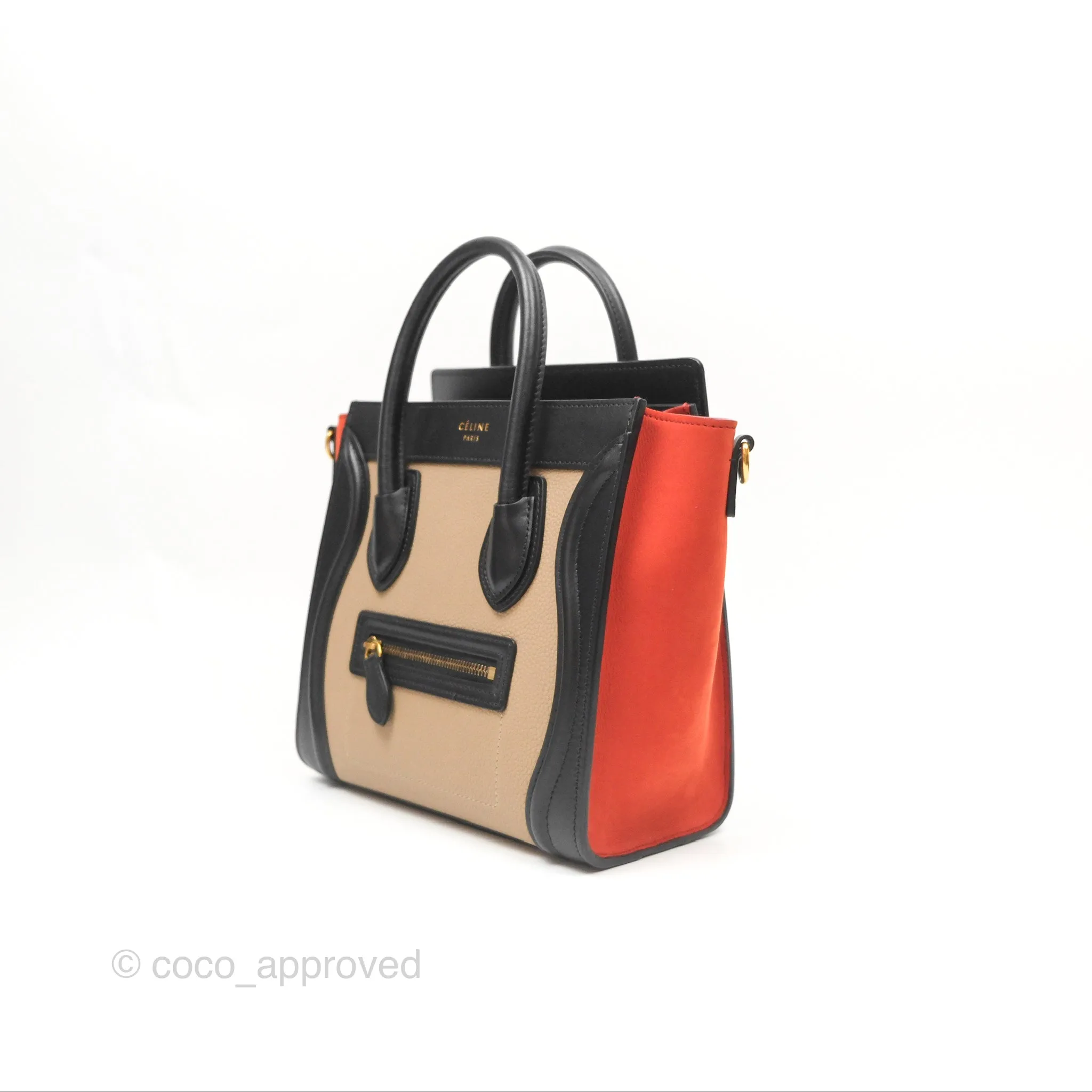 Celine Nano Luggage Grained Calfskin Gold Hardware Orange/Black/Beige