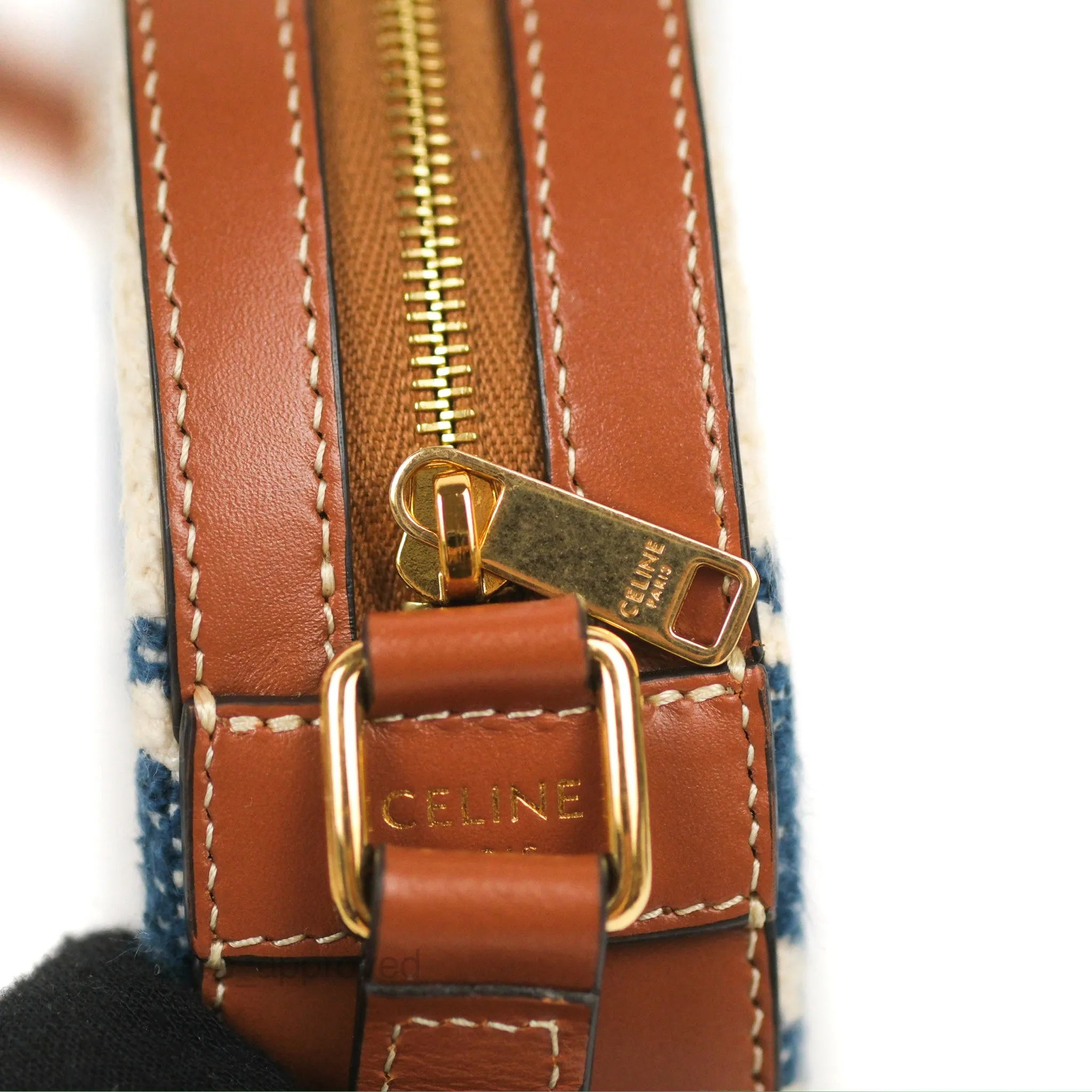 Celine Perth Embroidered Blue Cream Round Mini Crossbody Bag