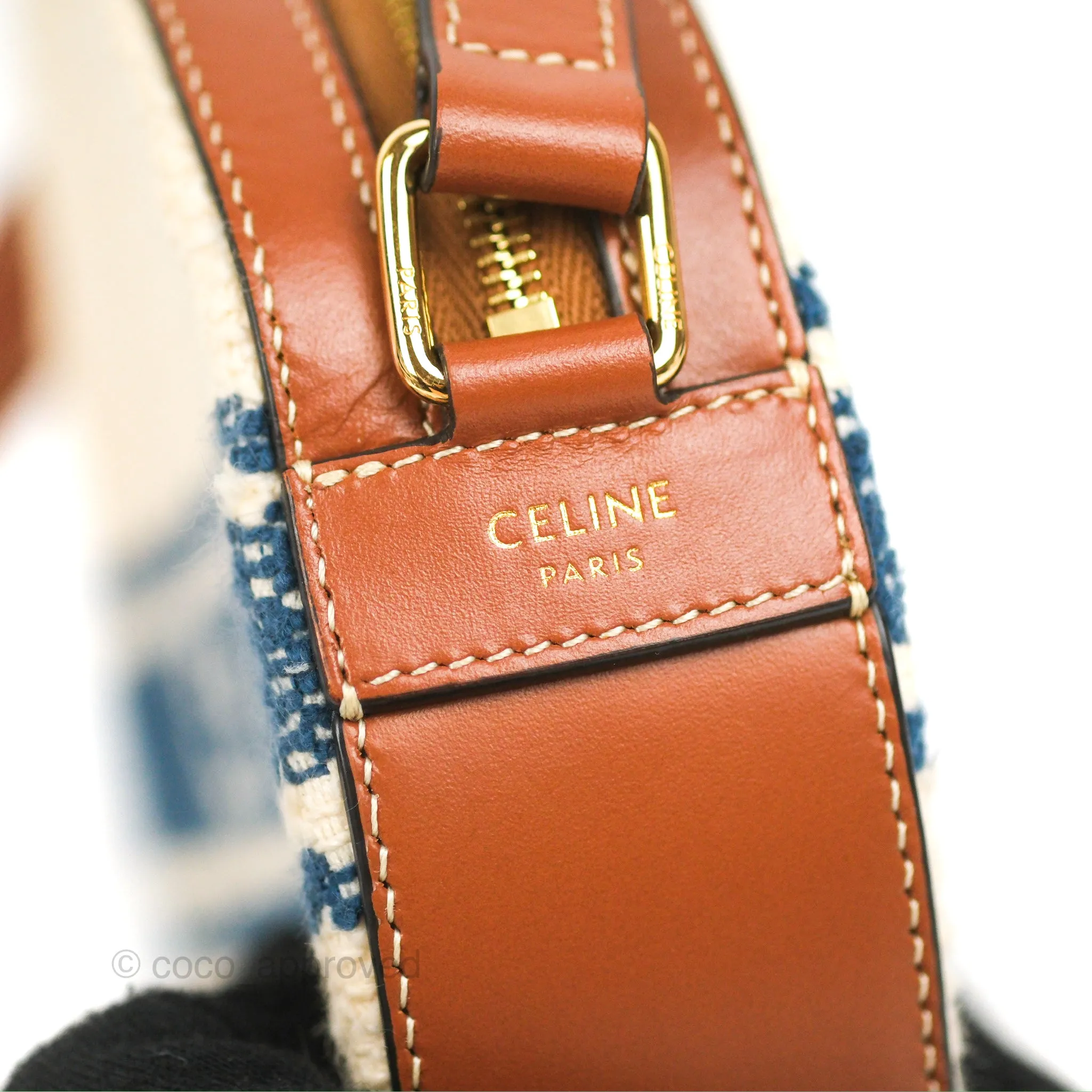 Celine Perth Embroidered Blue Cream Round Mini Crossbody Bag