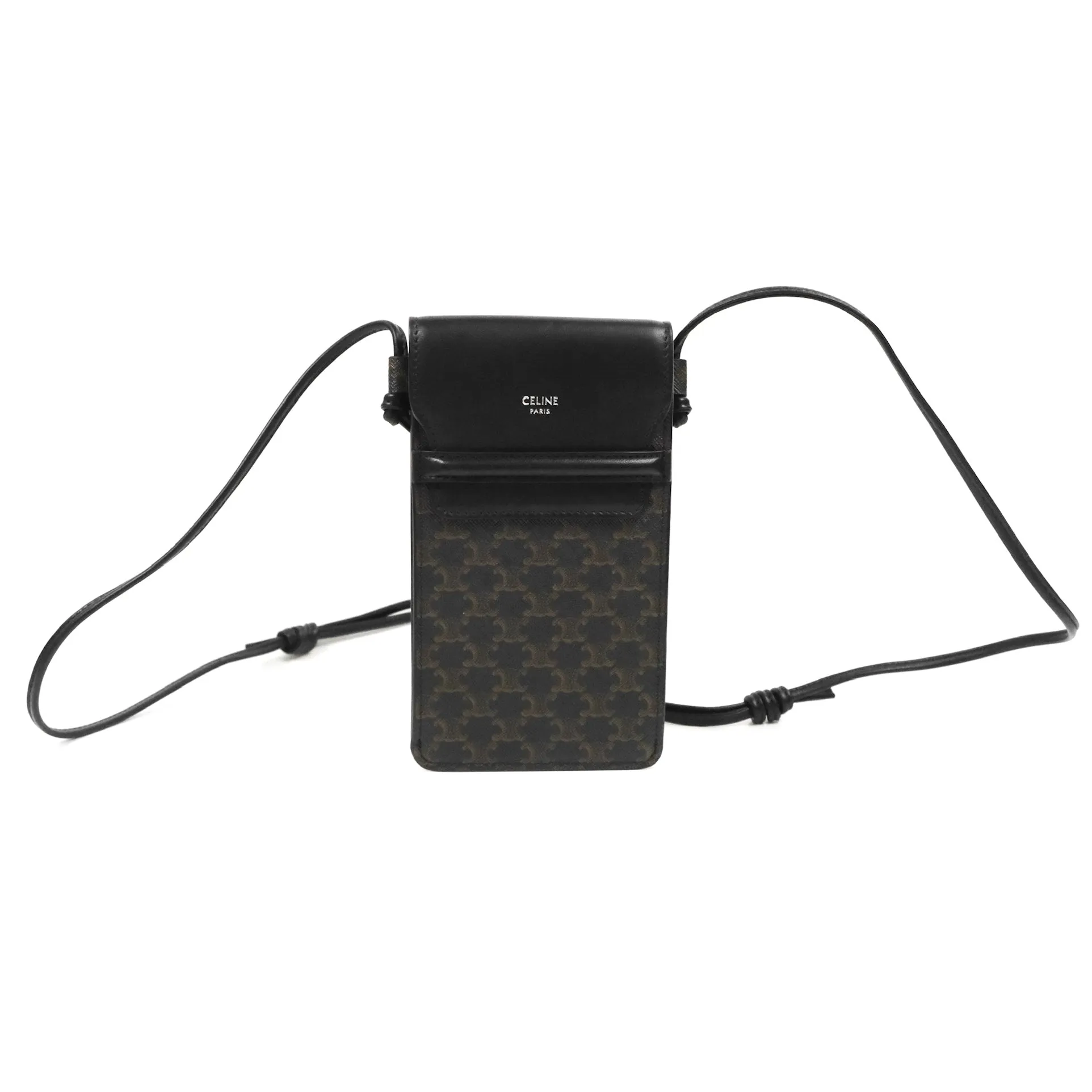 Celine Phone Pouch with Flap Black Triomphe Canvas Lambskin