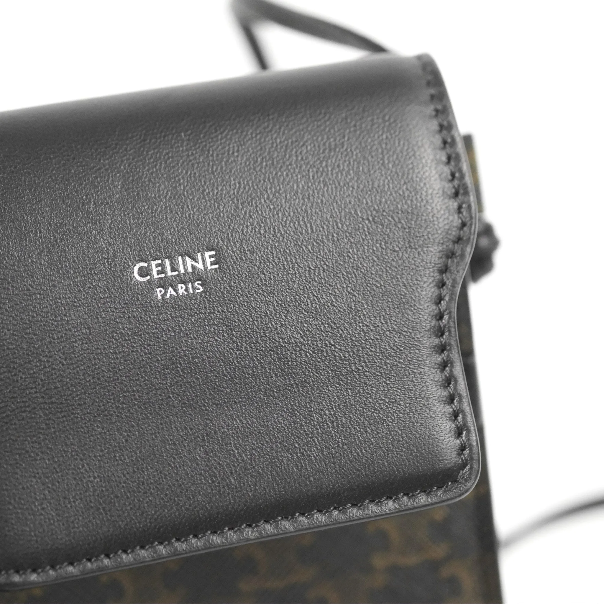 Celine Phone Pouch with Flap Black Triomphe Canvas Lambskin