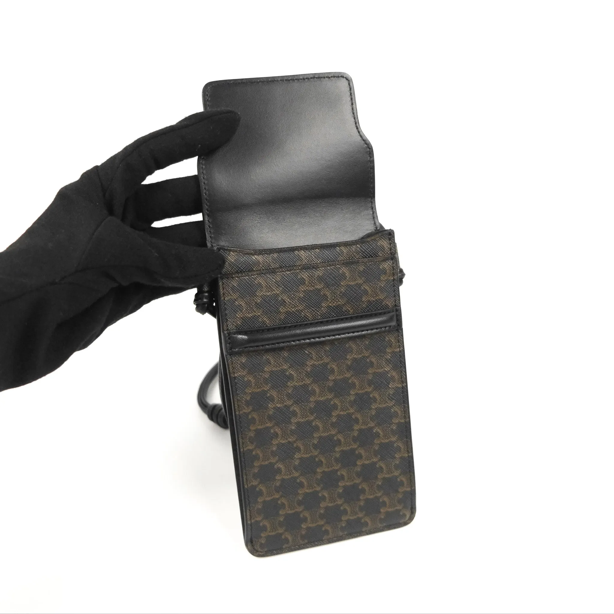 Celine Phone Pouch with Flap Black Triomphe Canvas Lambskin