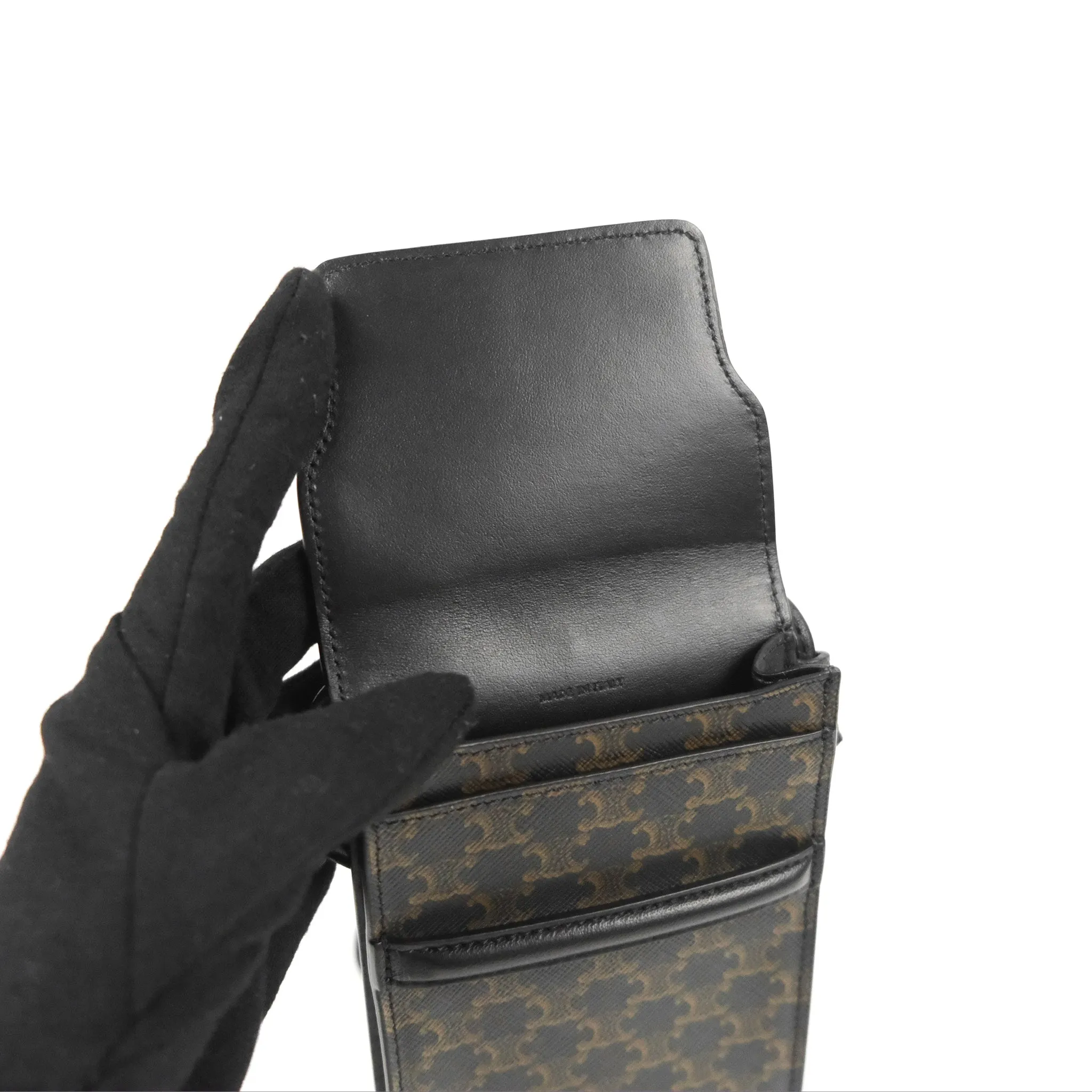 Celine Phone Pouch with Flap Black Triomphe Canvas Lambskin