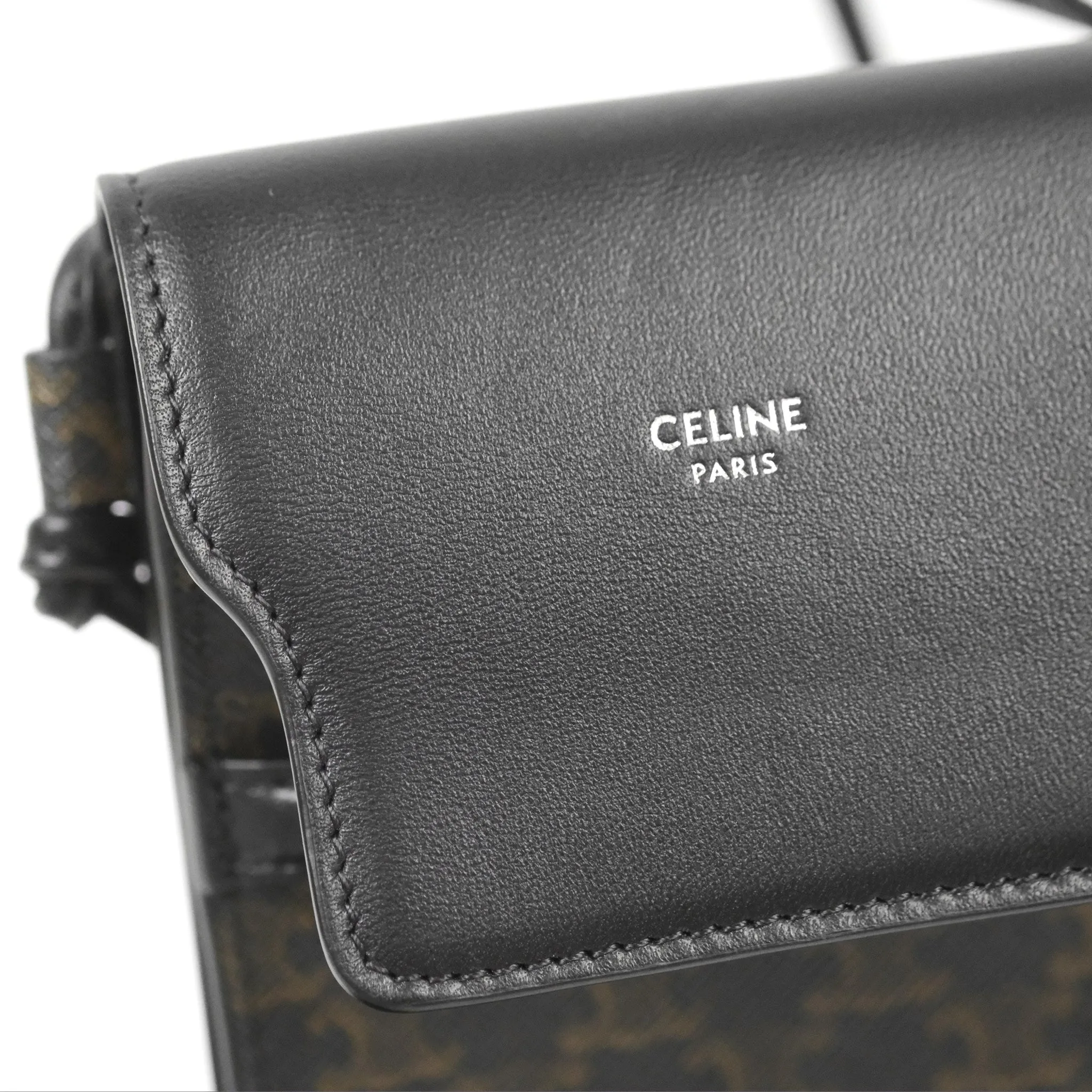 Celine Phone Pouch with Flap Black Triomphe Canvas Lambskin