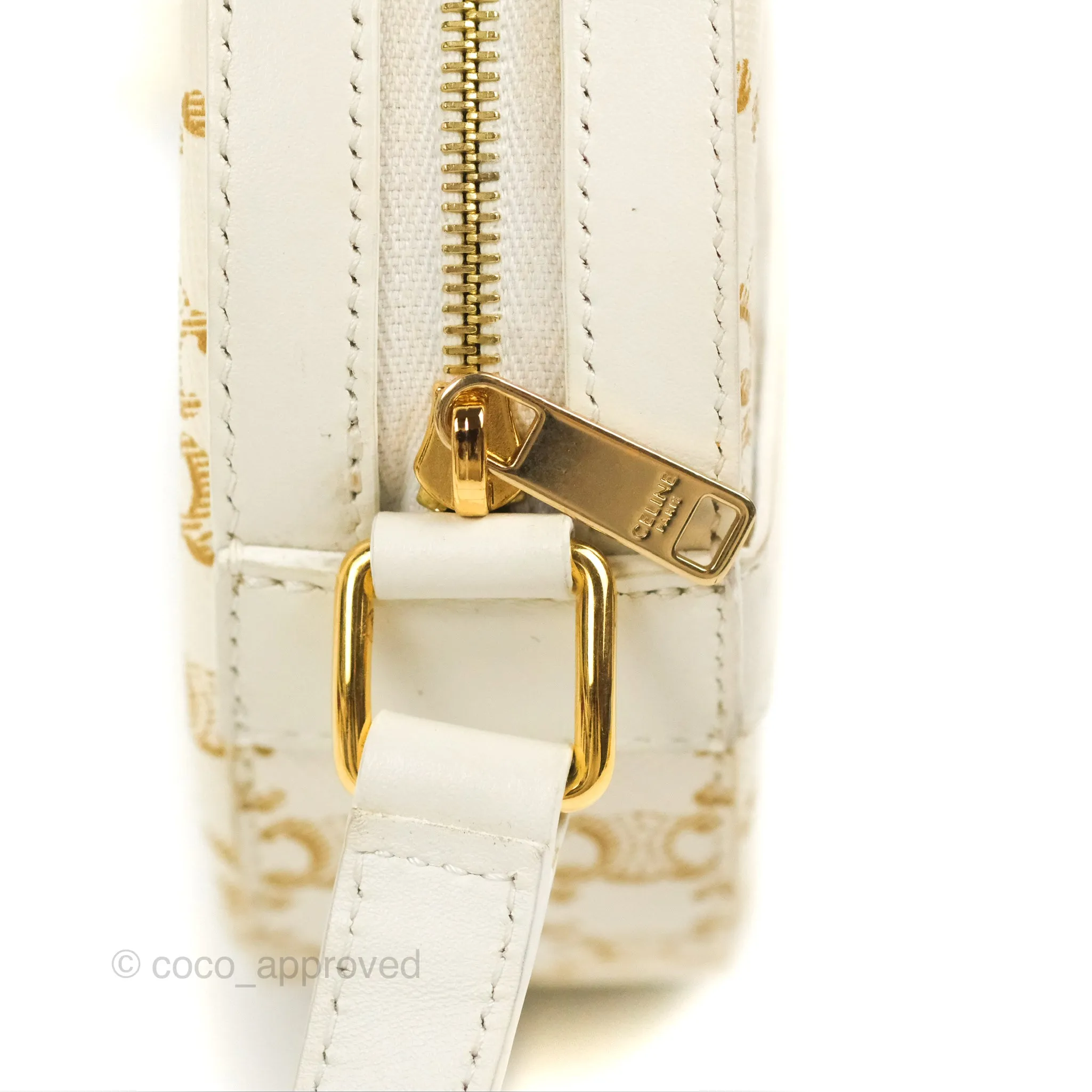Celine Round Purse on Strap Triomphe Canvas White Calfskin