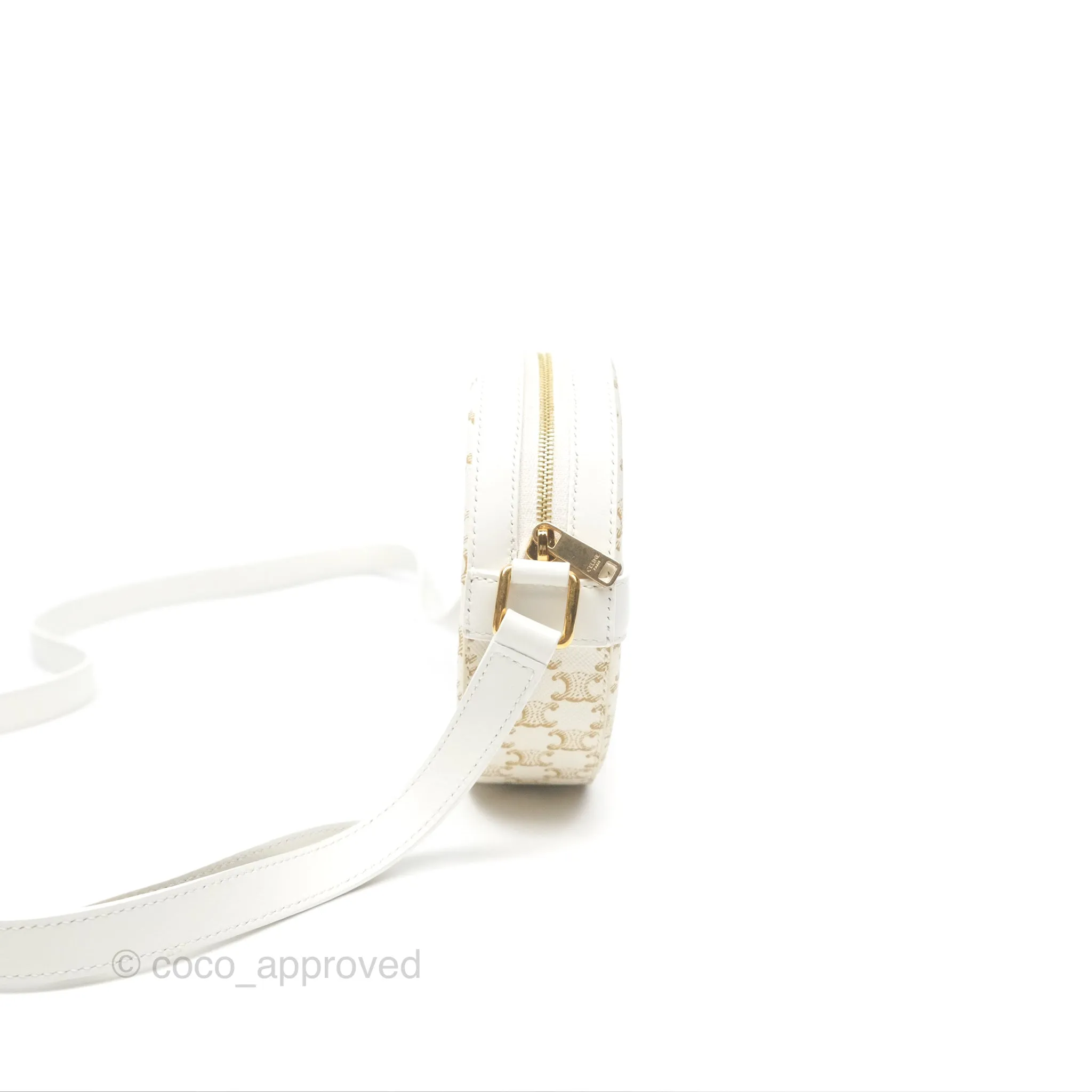 Celine Round Purse on Strap Triomphe Canvas White Calfskin