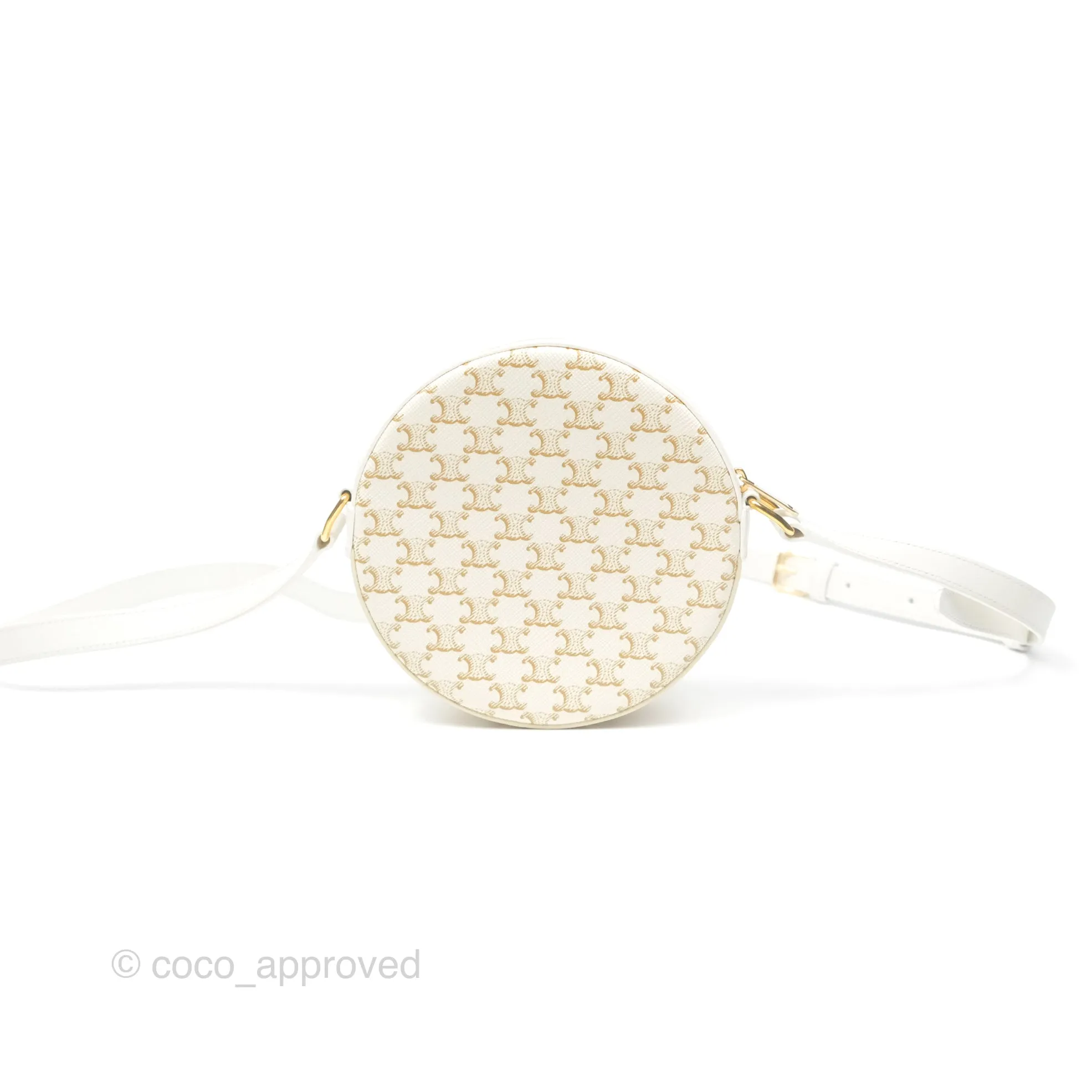 Celine Round Purse on Strap Triomphe Canvas White Calfskin
