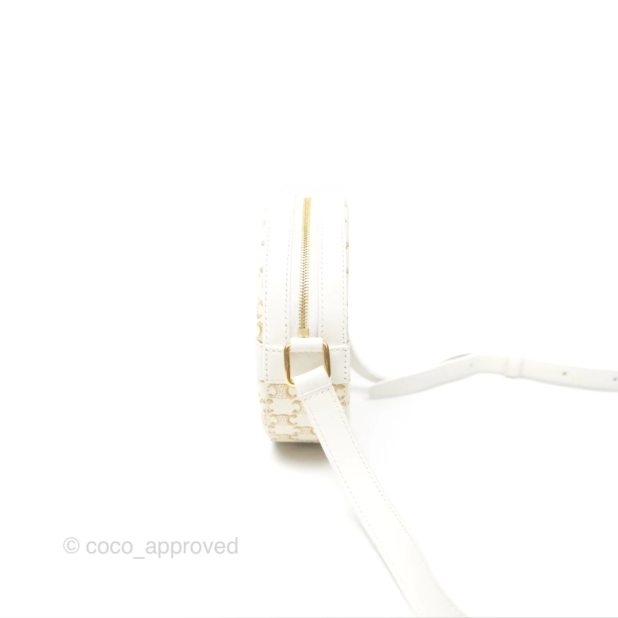 Celine Round Purse on Strap Triomphe Canvas White Calfskin