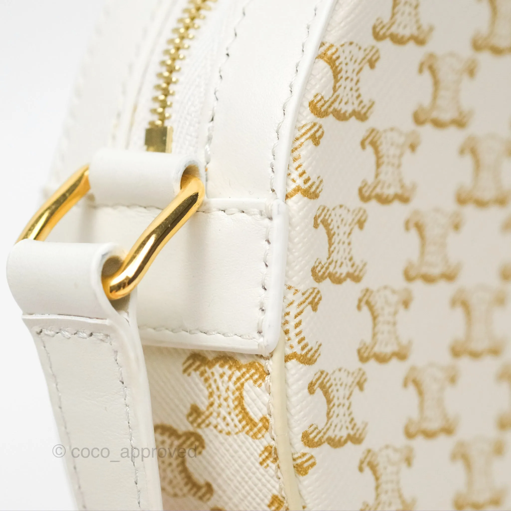 Celine Round Purse on Strap Triomphe Canvas White Calfskin