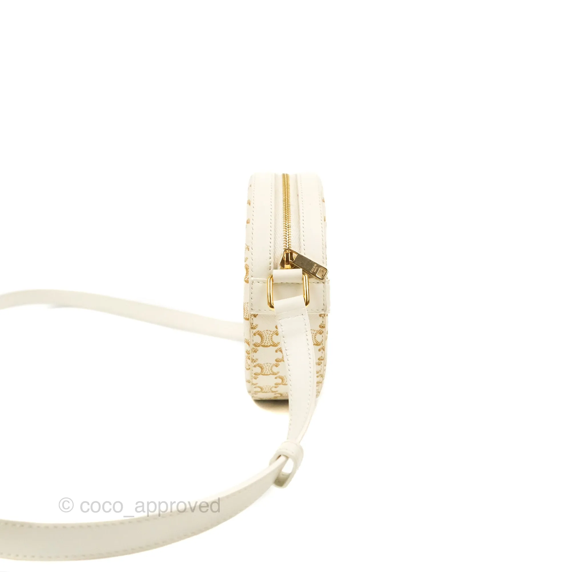 Celine Round Purse on Strap Triomphe Canvas White Calfskin
