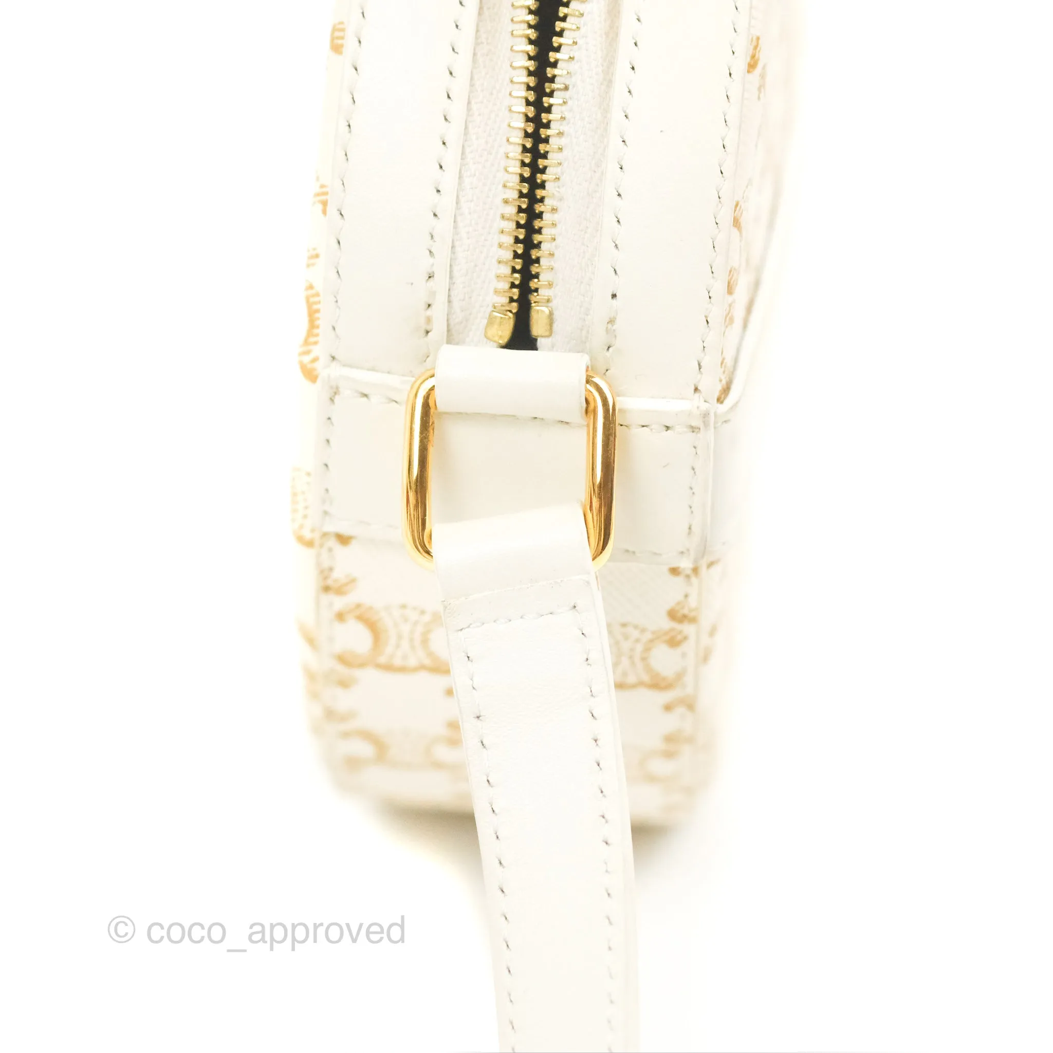 Celine Round Purse on Strap Triomphe Canvas White Calfskin