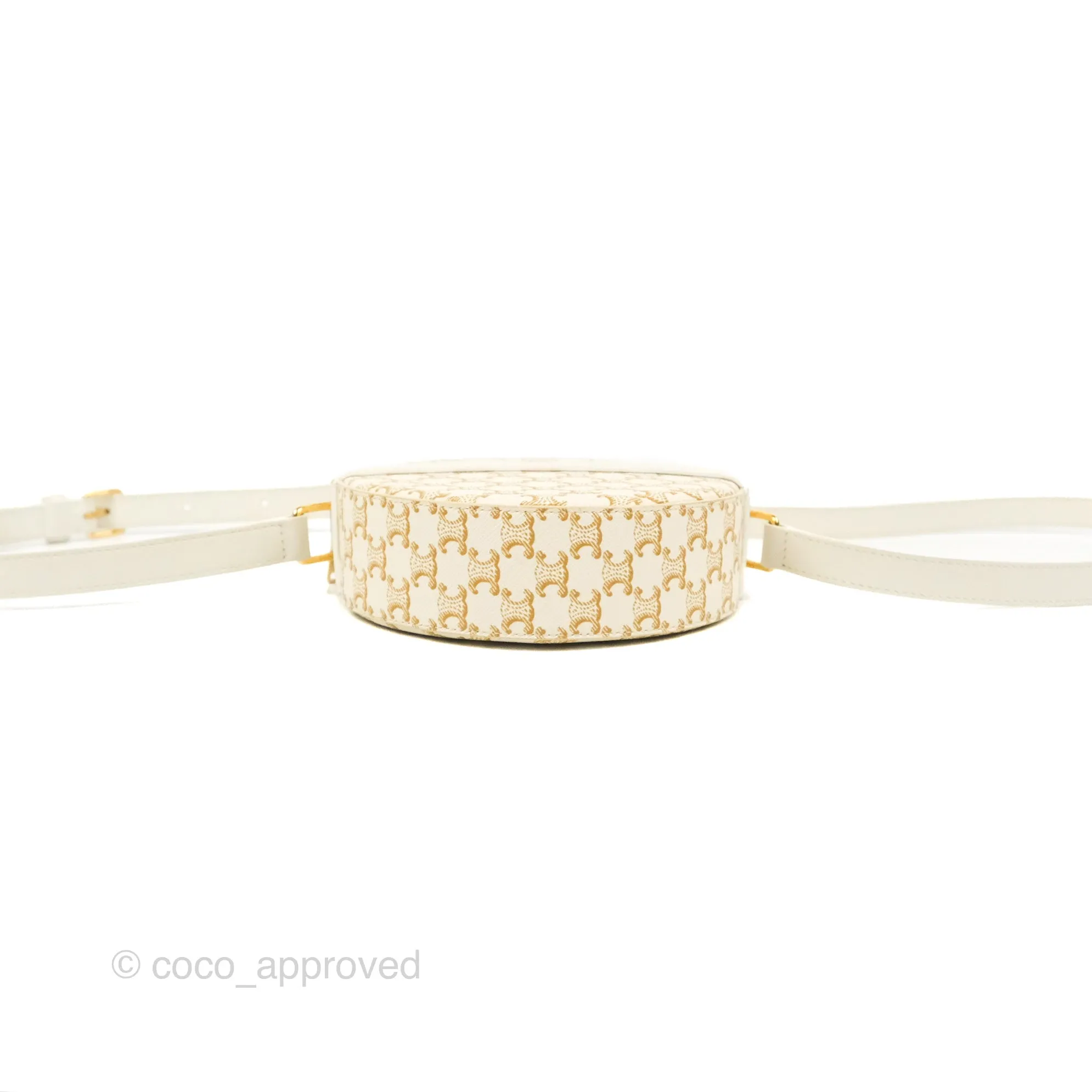 Celine Round Purse on Strap Triomphe Canvas White Calfskin