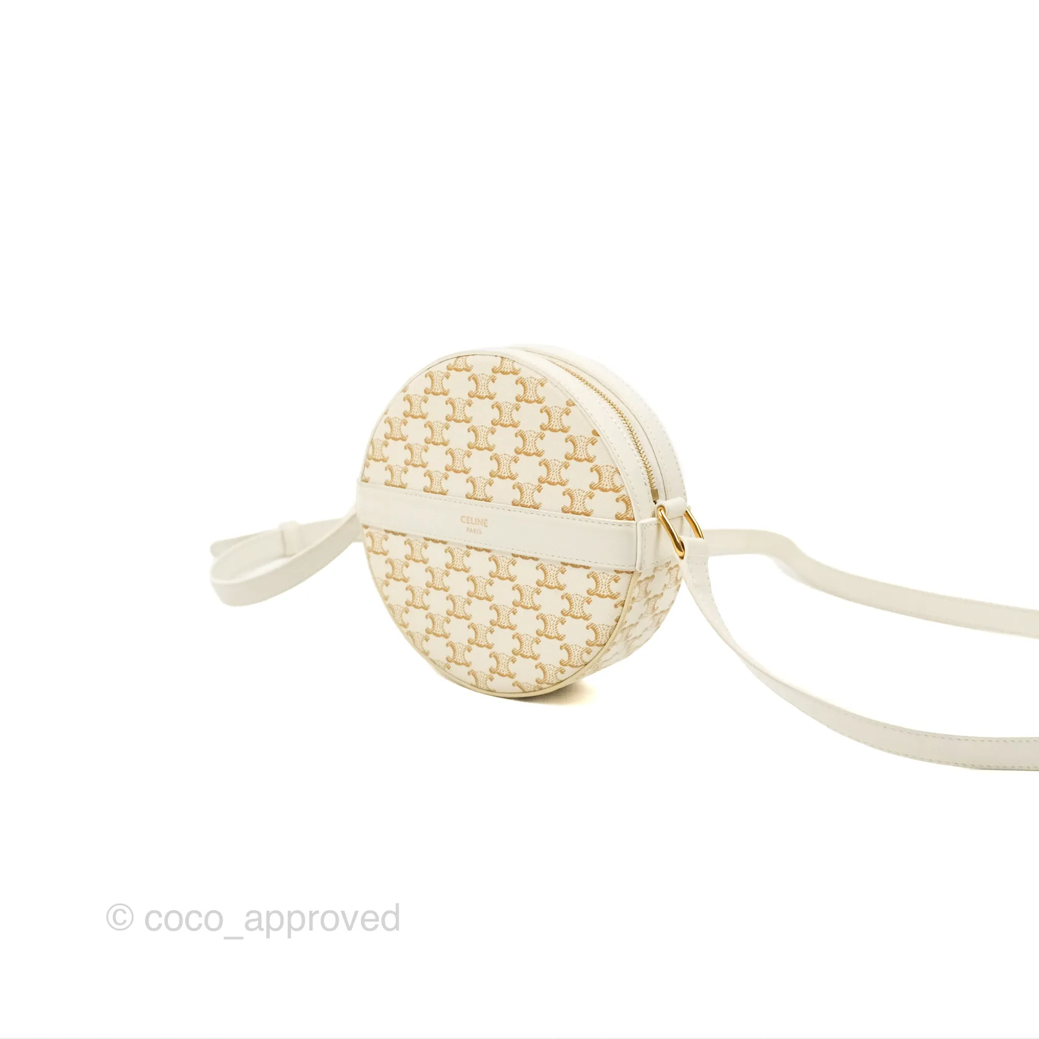 Celine Round Purse on Strap Triomphe Canvas White Calfskin