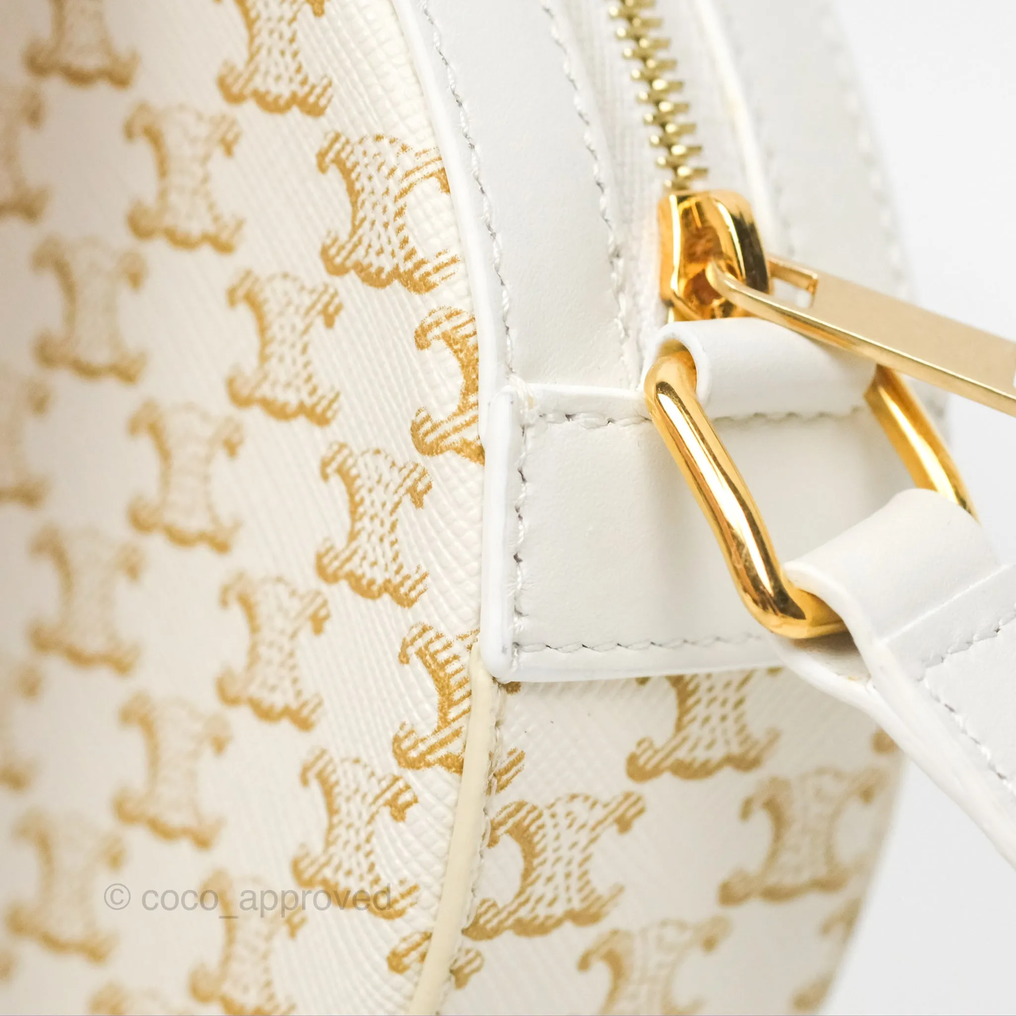 Celine Round Purse on Strap Triomphe Canvas White Calfskin