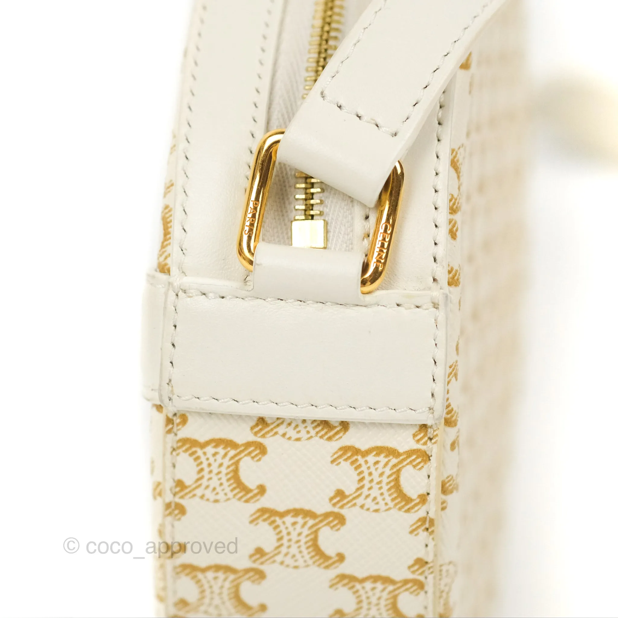 Celine Round Purse on Strap Triomphe Canvas White Calfskin