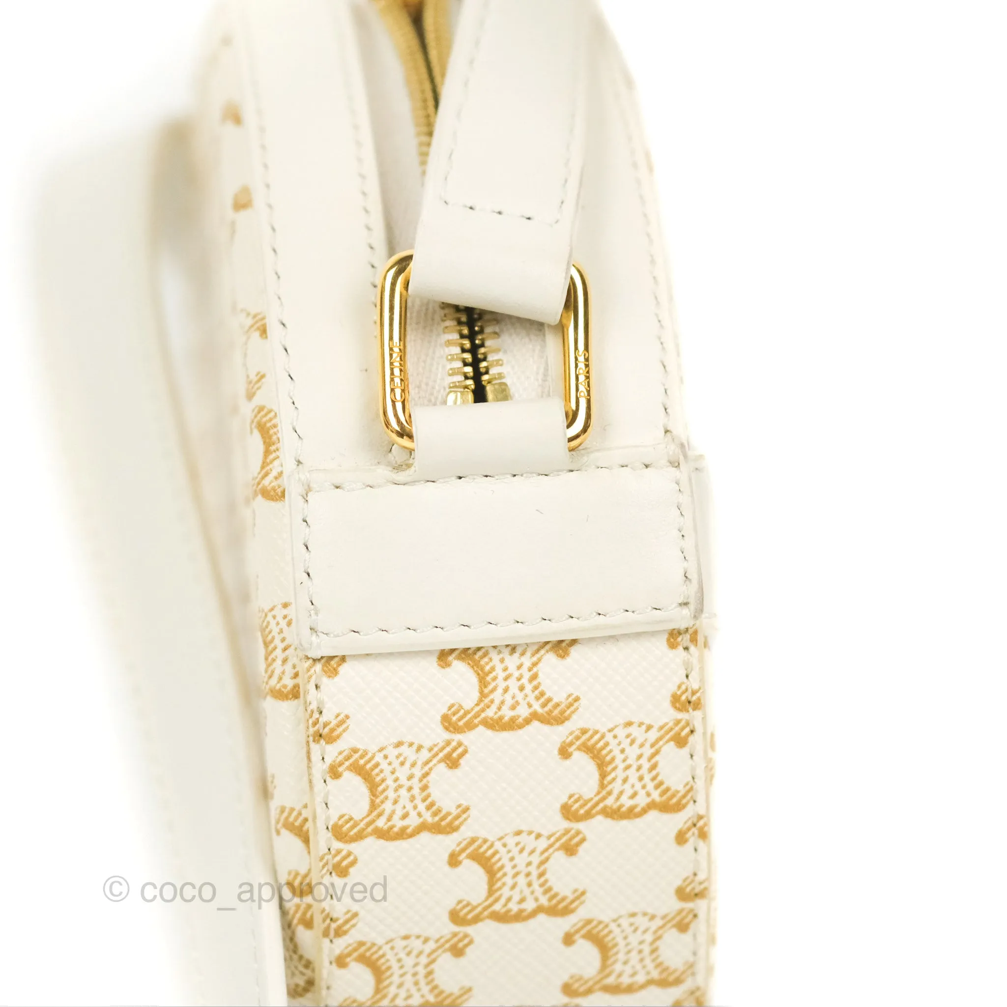 Celine Round Purse on Strap Triomphe Canvas White Calfskin