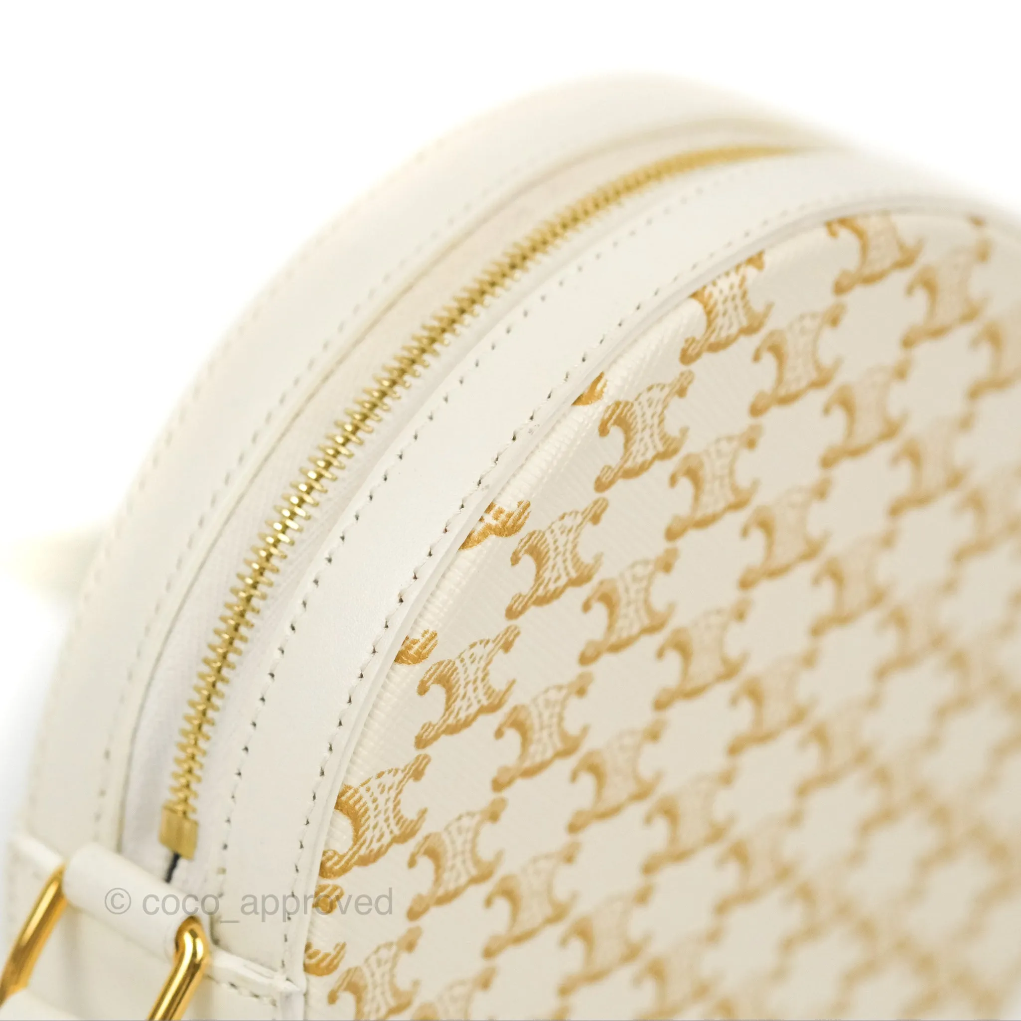 Celine Round Purse on Strap Triomphe Canvas White Calfskin