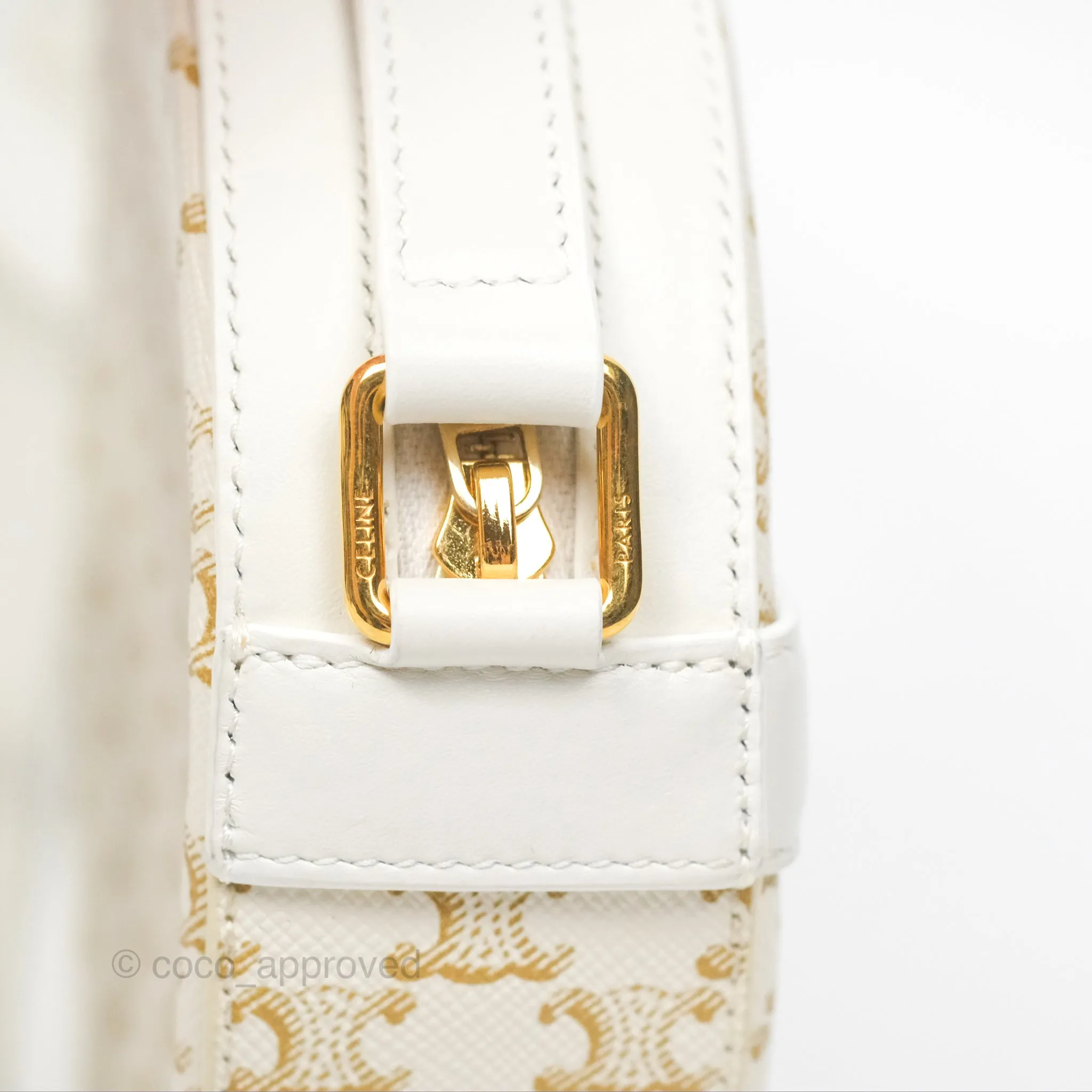 Celine Round Purse on Strap Triomphe Canvas White Calfskin