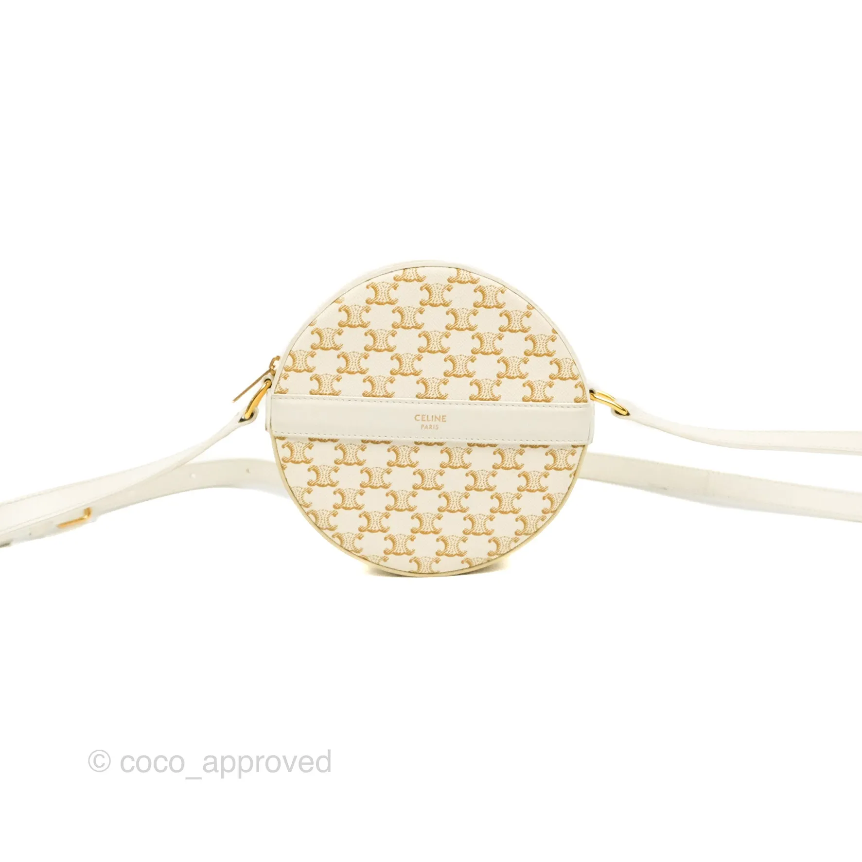 Celine Round Purse on Strap Triomphe Canvas White Calfskin