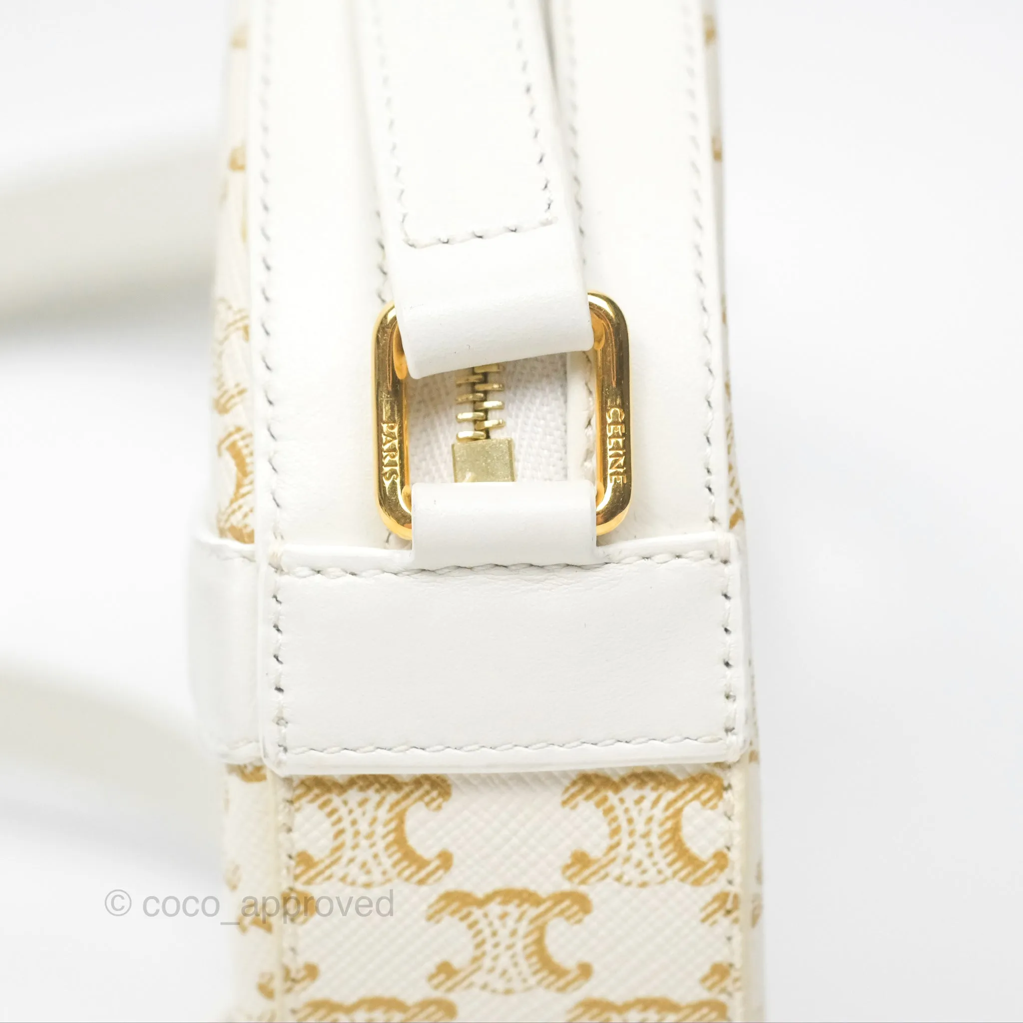 Celine Round Purse on Strap Triomphe Canvas White Calfskin