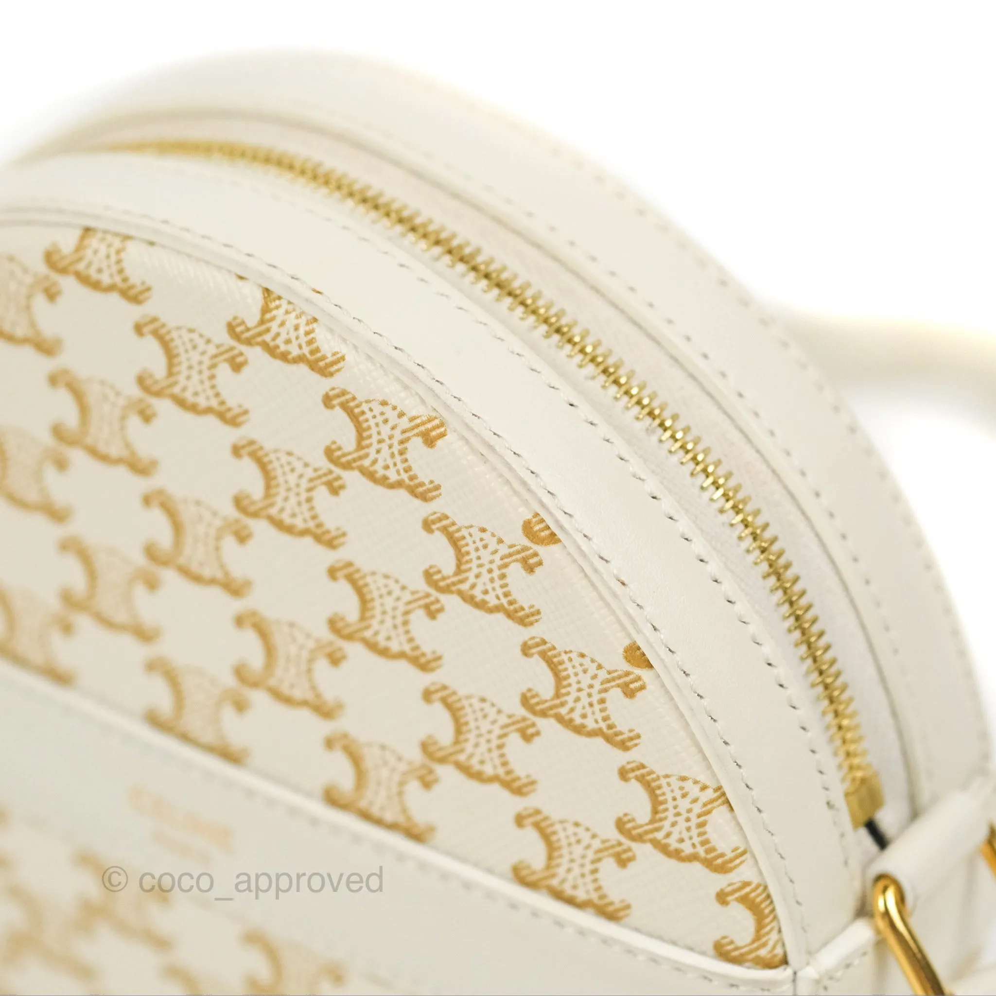 Celine Round Purse on Strap Triomphe Canvas White Calfskin