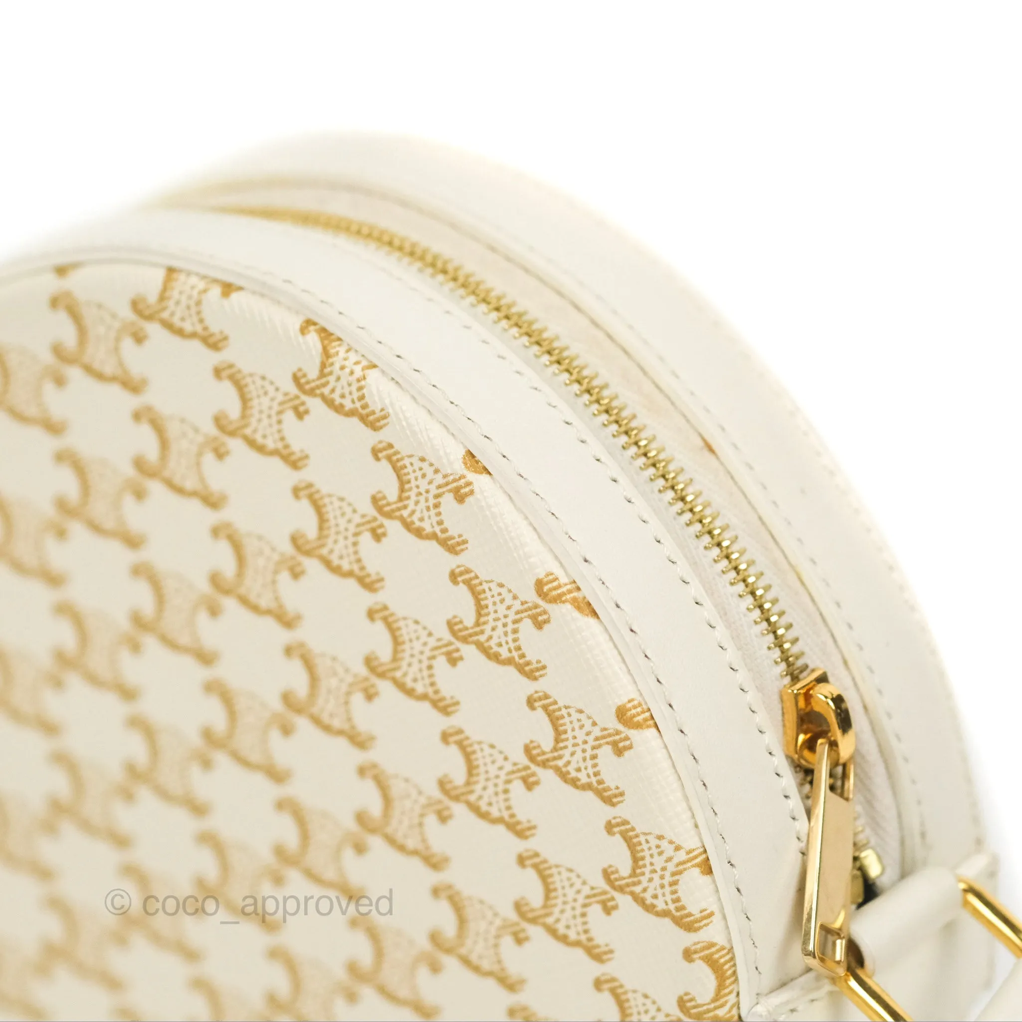 Celine Round Purse on Strap Triomphe Canvas White Calfskin