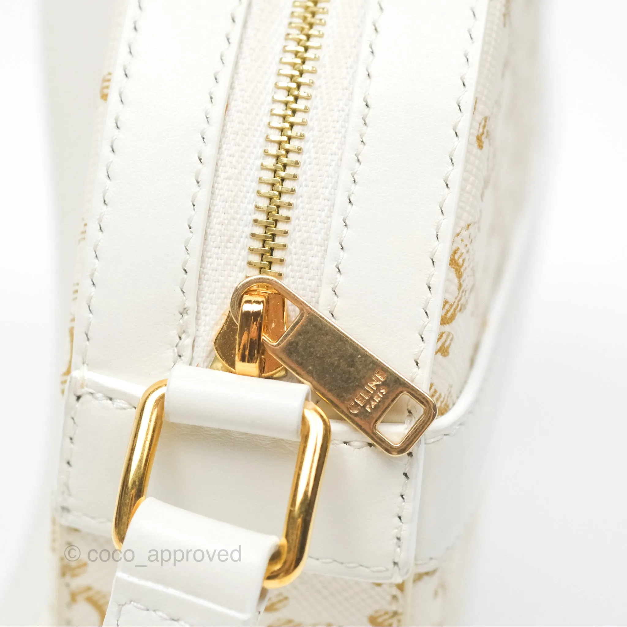 Celine Round Purse on Strap Triomphe Canvas White Calfskin