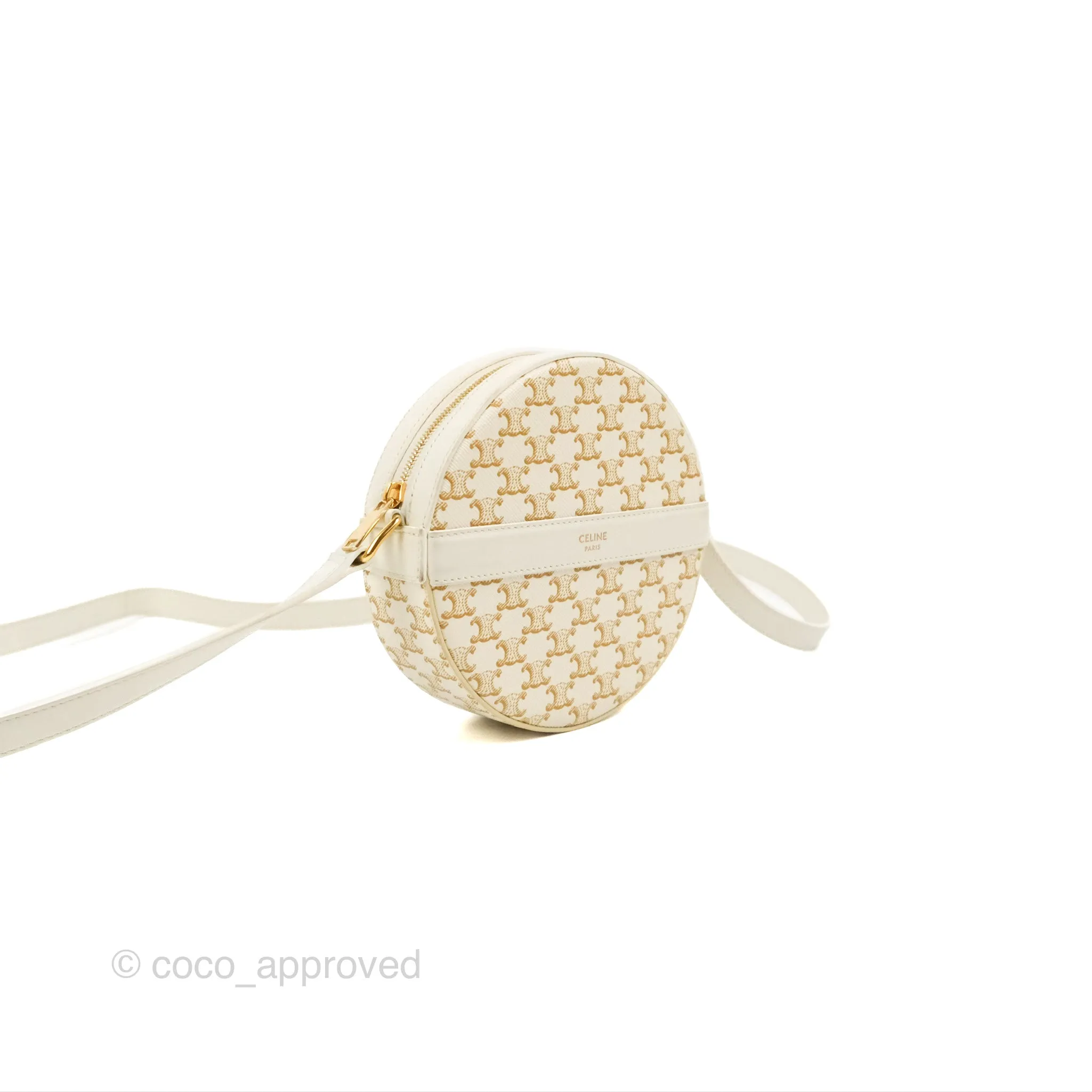 Celine Round Purse on Strap Triomphe Canvas White Calfskin