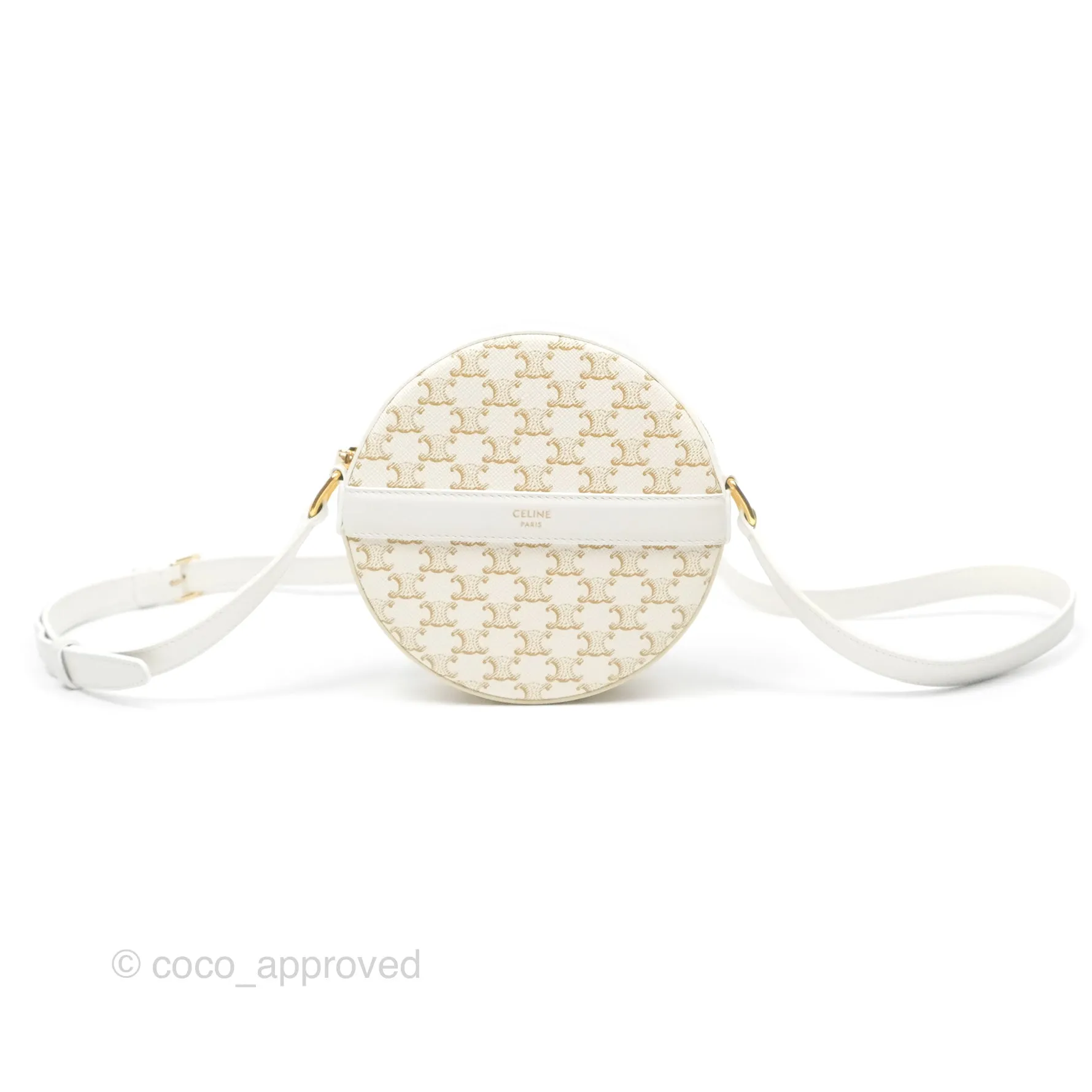 Celine Round Purse on Strap Triomphe Canvas White Calfskin