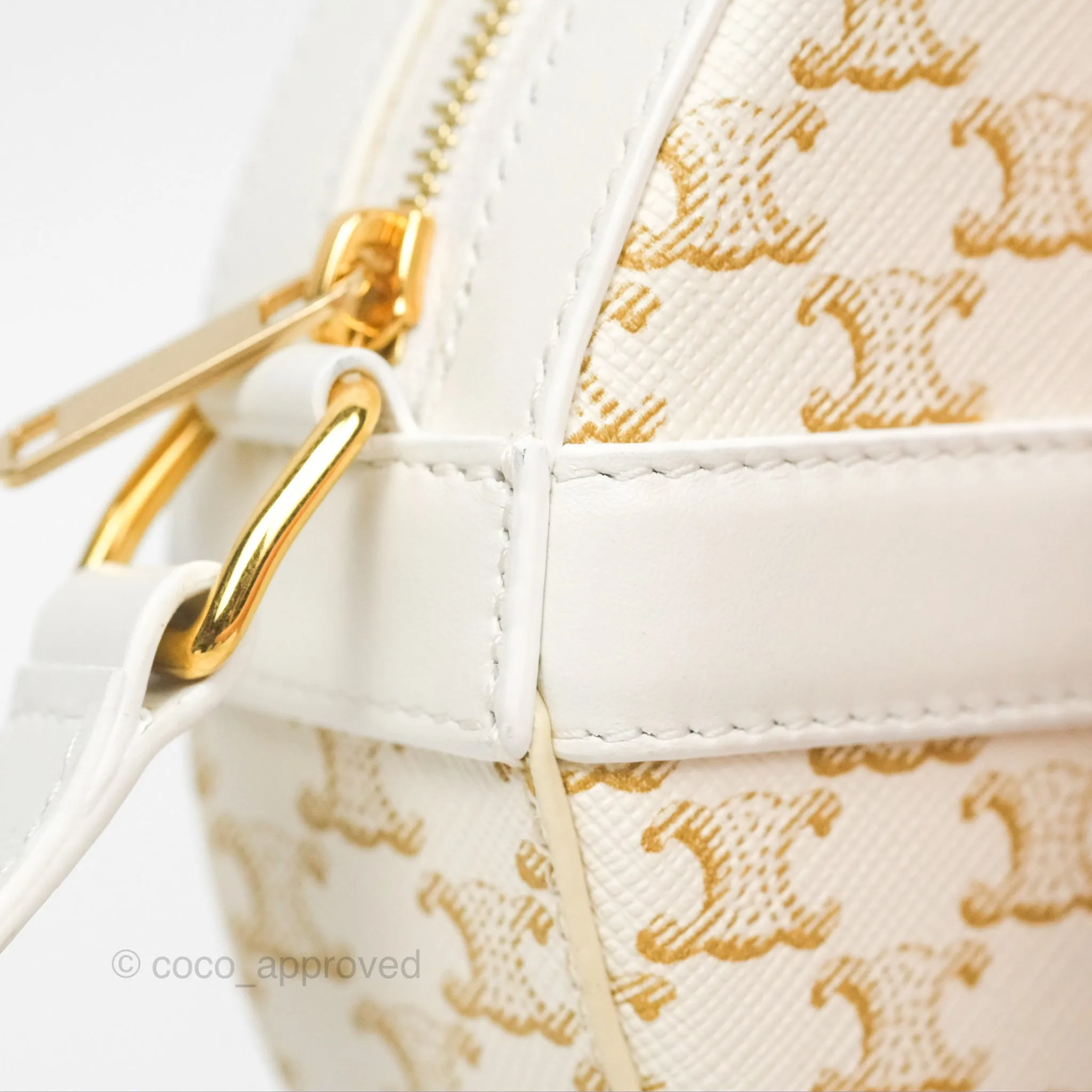 Celine Round Purse on Strap Triomphe Canvas White Calfskin