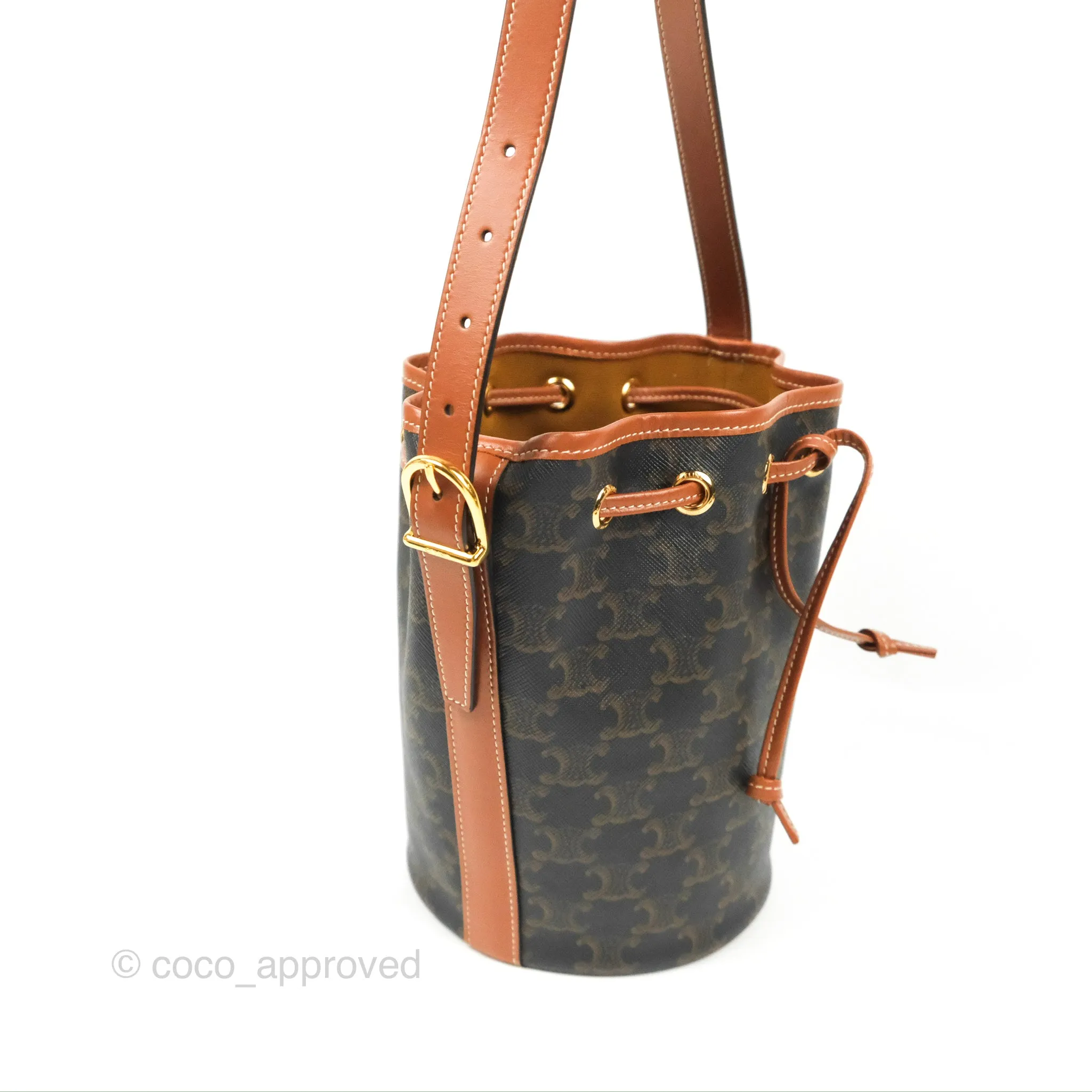 Celine Small Drawstring Bucket Bag Triomphe Canvas Tan Calfskin