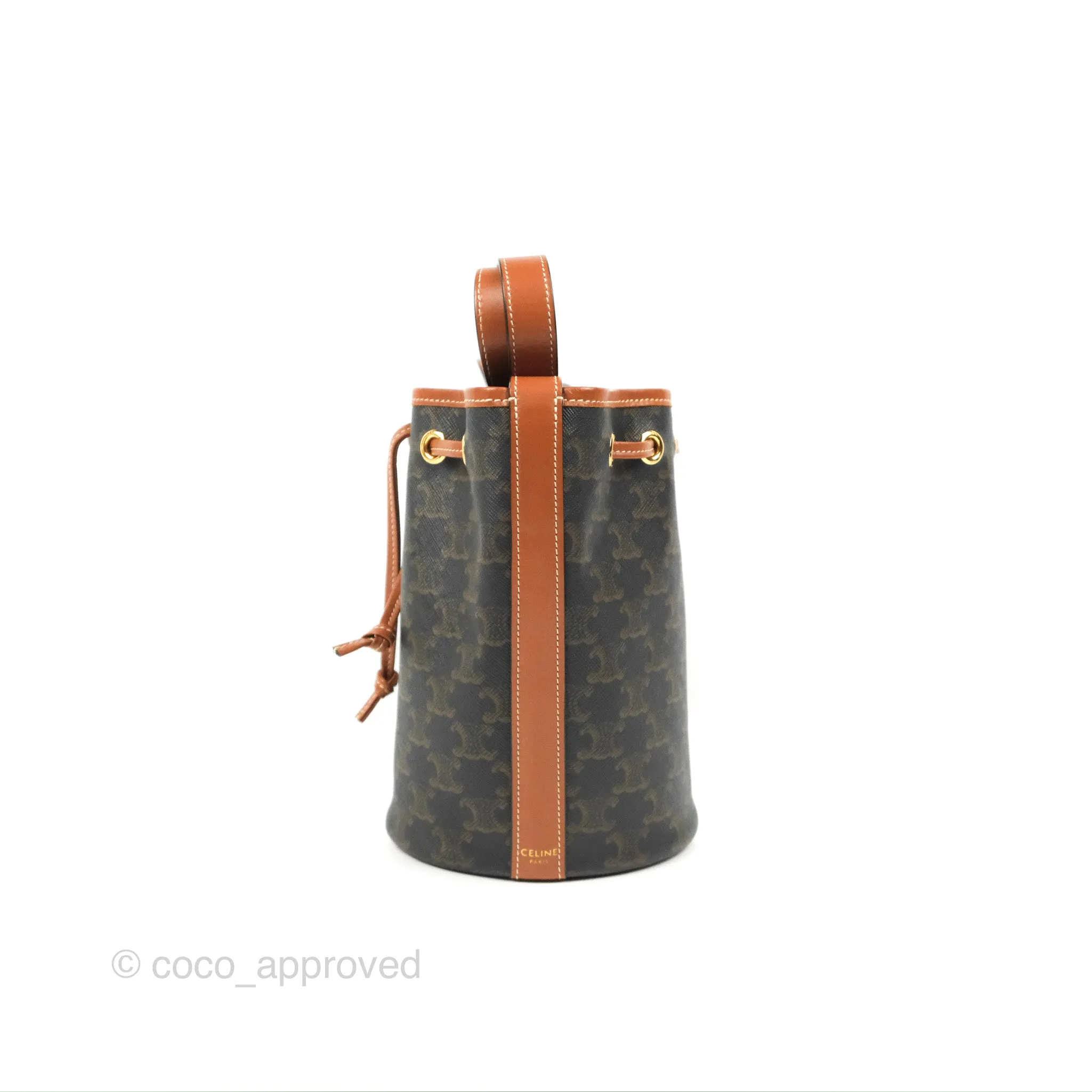 Celine Small Drawstring Bucket Bag Triomphe Canvas Tan Calfskin