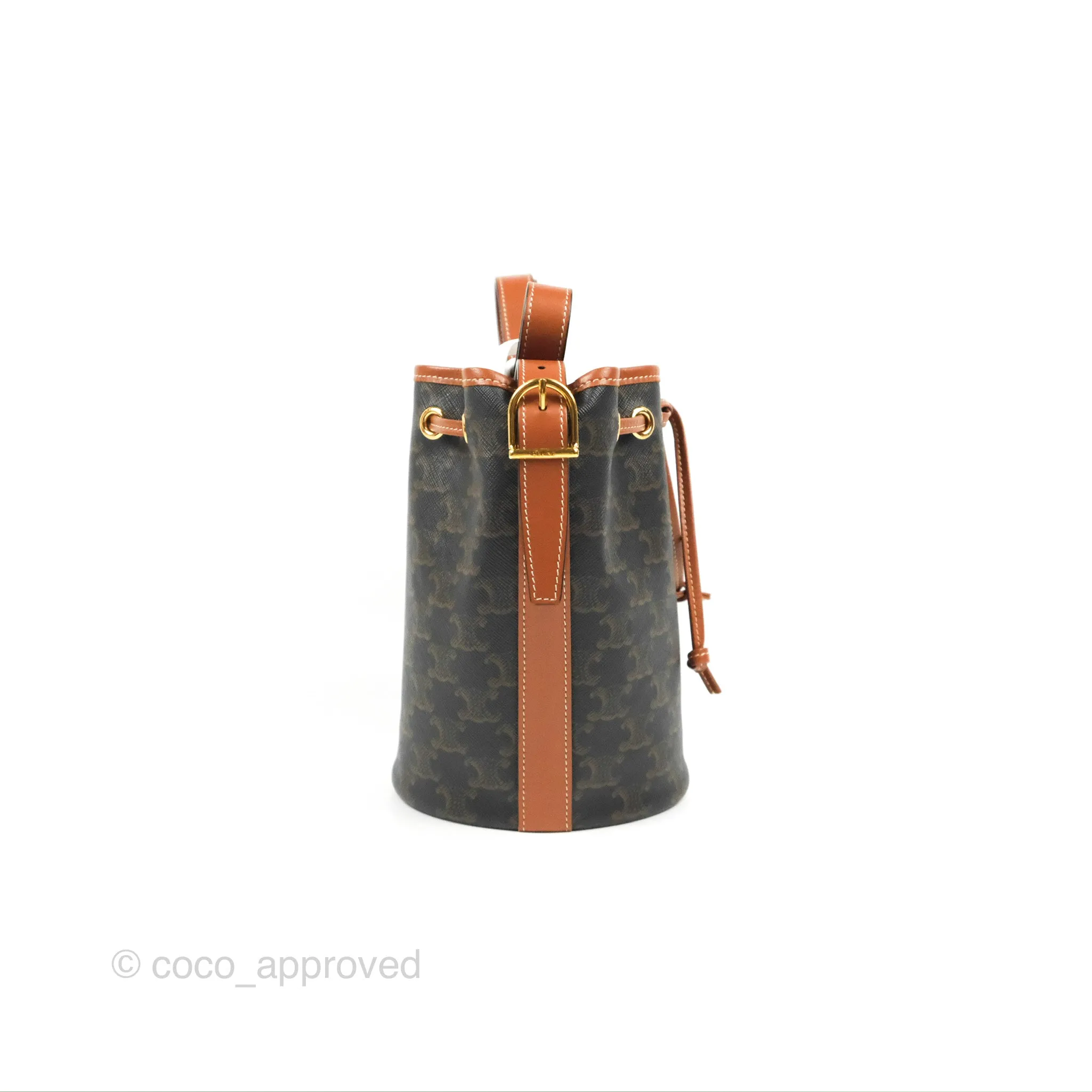 Celine Small Drawstring Bucket Bag Triomphe Canvas Tan Calfskin