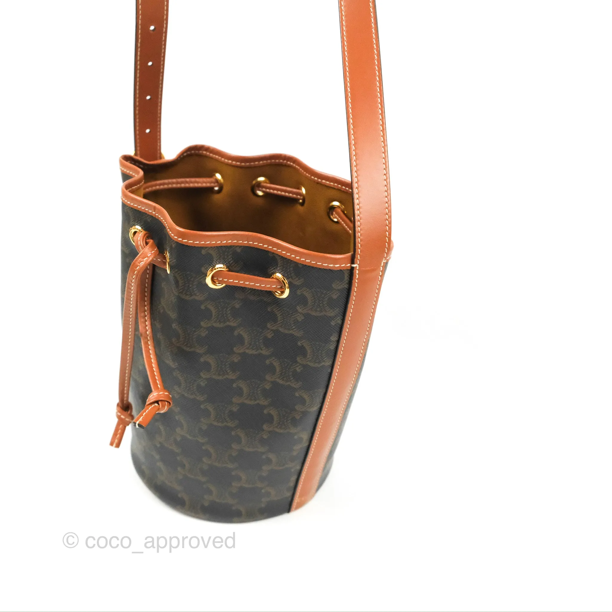 Celine Small Drawstring Bucket Bag Triomphe Canvas Tan Calfskin